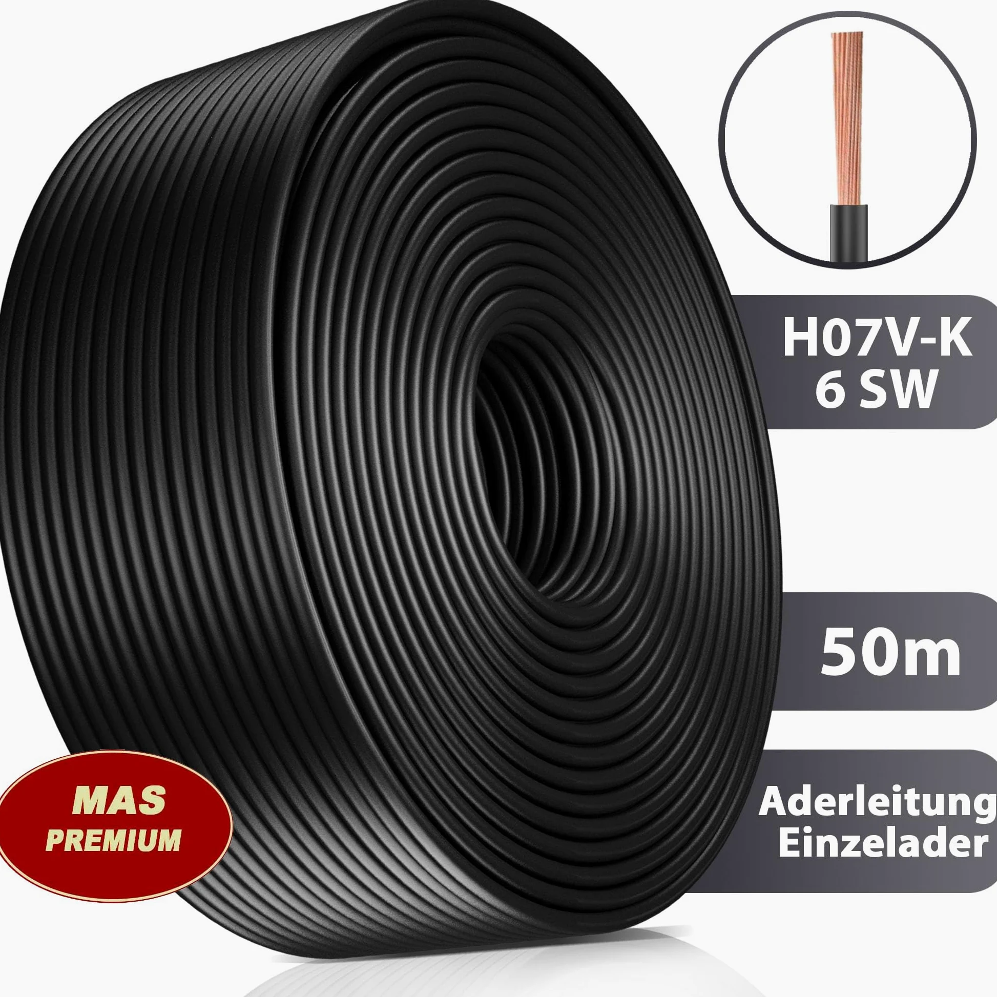 MAS Premium Przewód żyłowy od 5 do 100 m H07 V-K 6 mm², czarny, brązowy, ciemnoniebieski, zielono-żółty, szary, czerwony lub jasnoniebieski, elastyczny (czarny, 50 m)