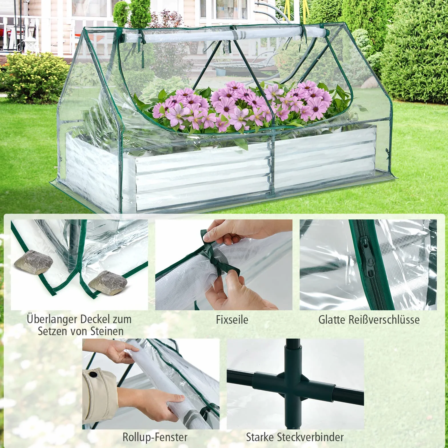 COSTWAY Szklarnia 3 w 1 z podwyższoną grządką, metalowa skrzynka na rośliny, folia PCW, grządka na kwiaty z dwoma oknami, prostokątny inspekt do kwiatów, ziół w ogrodzie, na tarasie i balkonie, 180 x