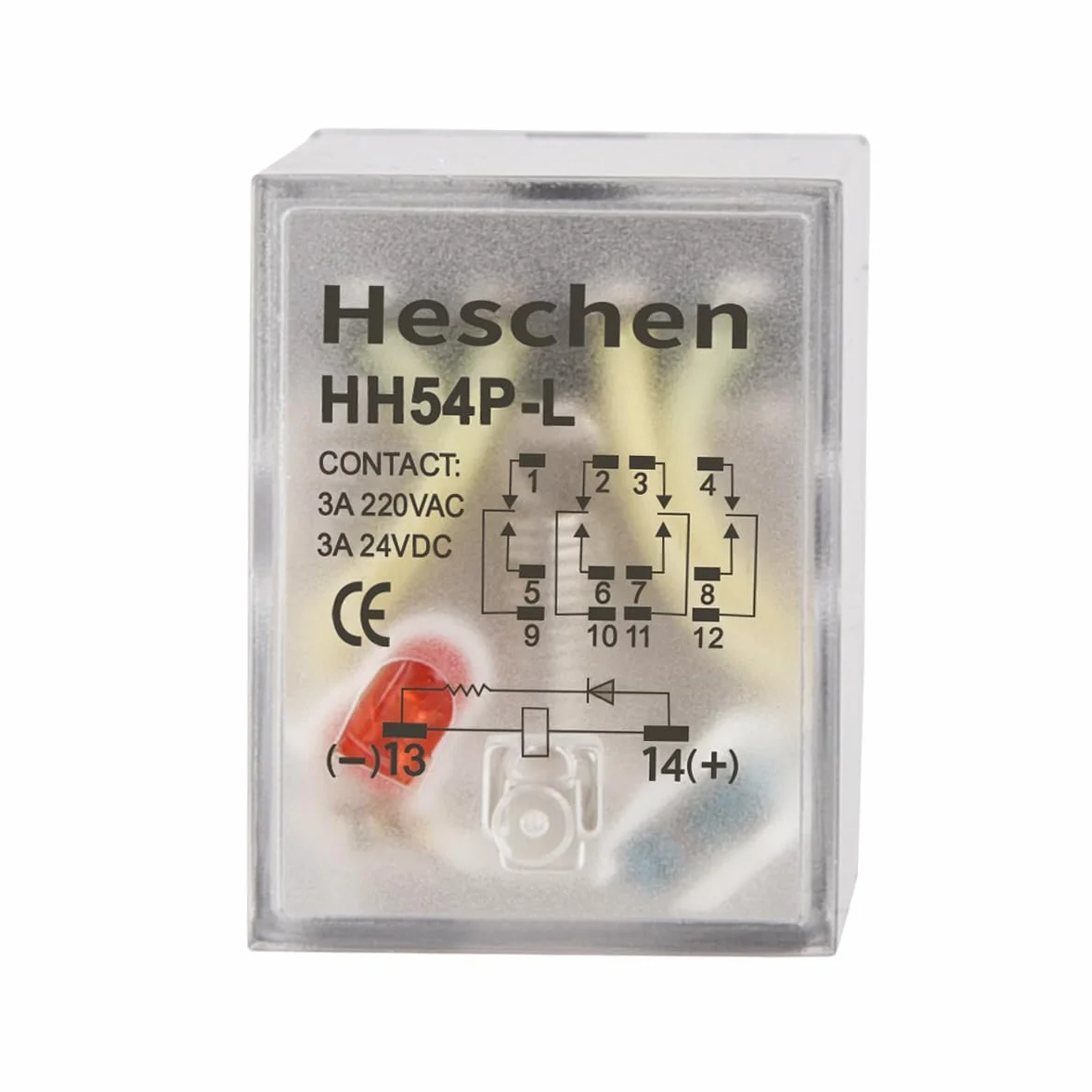 Heschen Gereral Purpose przekaźnik mocy, HH54P-L, cewka 220VAC, 3A 220VAC/24VDC, 4PDT, zaciski 14-pinowe, wskaźnik LED