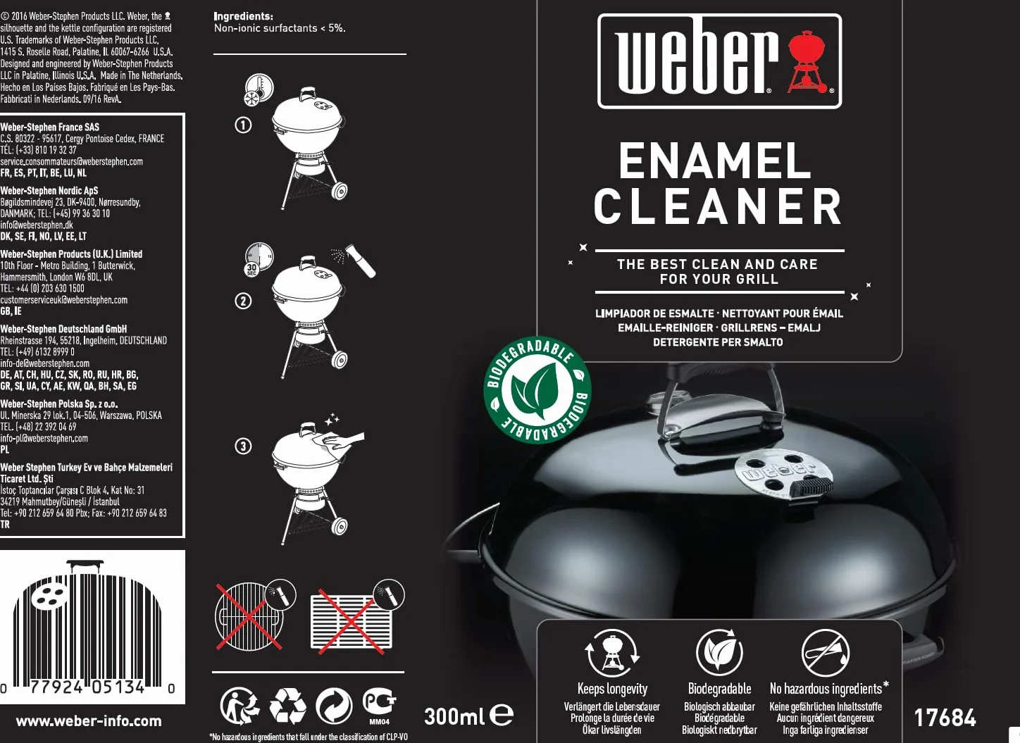Weber Płyn do Czyszczenia Emalii 300ml, Delikatny Spray do Czyszczenia Powierzchni Emaliowanych, Rozpuszcza Pozostałości Po Jedzeniu i Tłuszczach (17684)