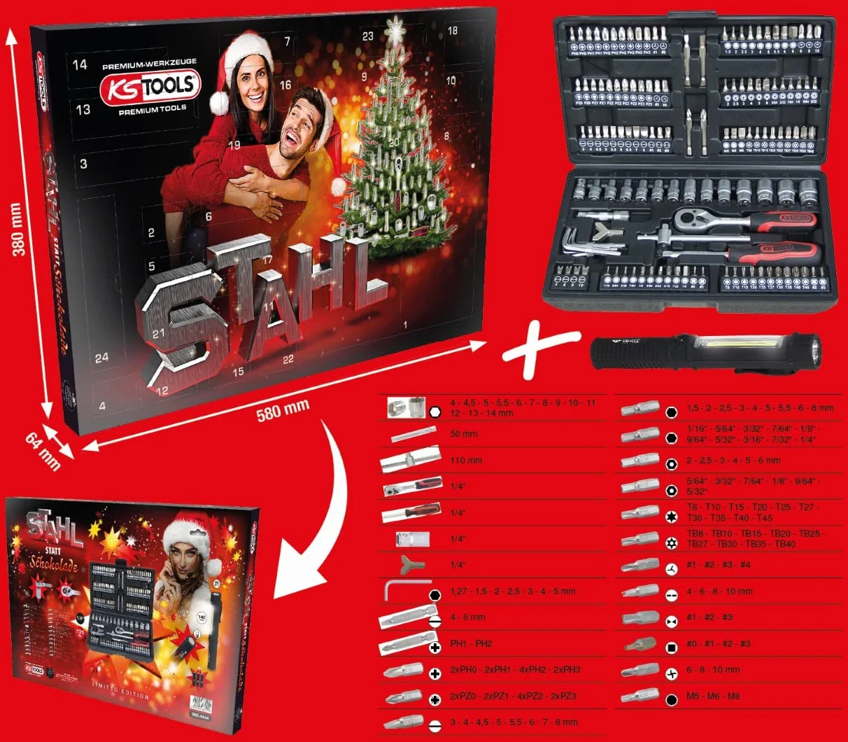 KS Tools 999.4444 Kalendarz adwentowy zestaw kluczy nasadowych 1/4", 131-szt