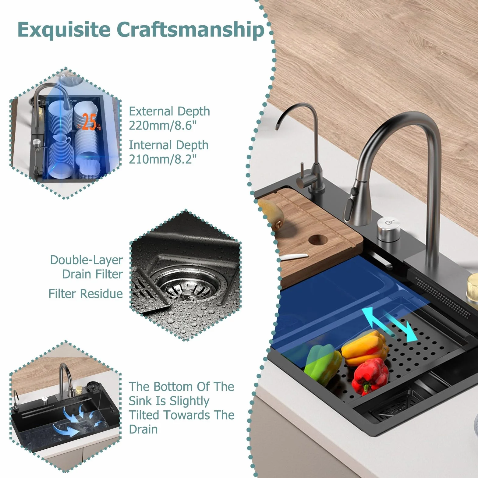 Workstation Kitchen Sink With Waterfall Dual Bowl Pull-Out 3 In 1 Faucet, Stainless Steel Basin Set, Pressure Pot Washer, Cutting Board, Draining Basket More Accessories(Black-Gray A,80x46cm)