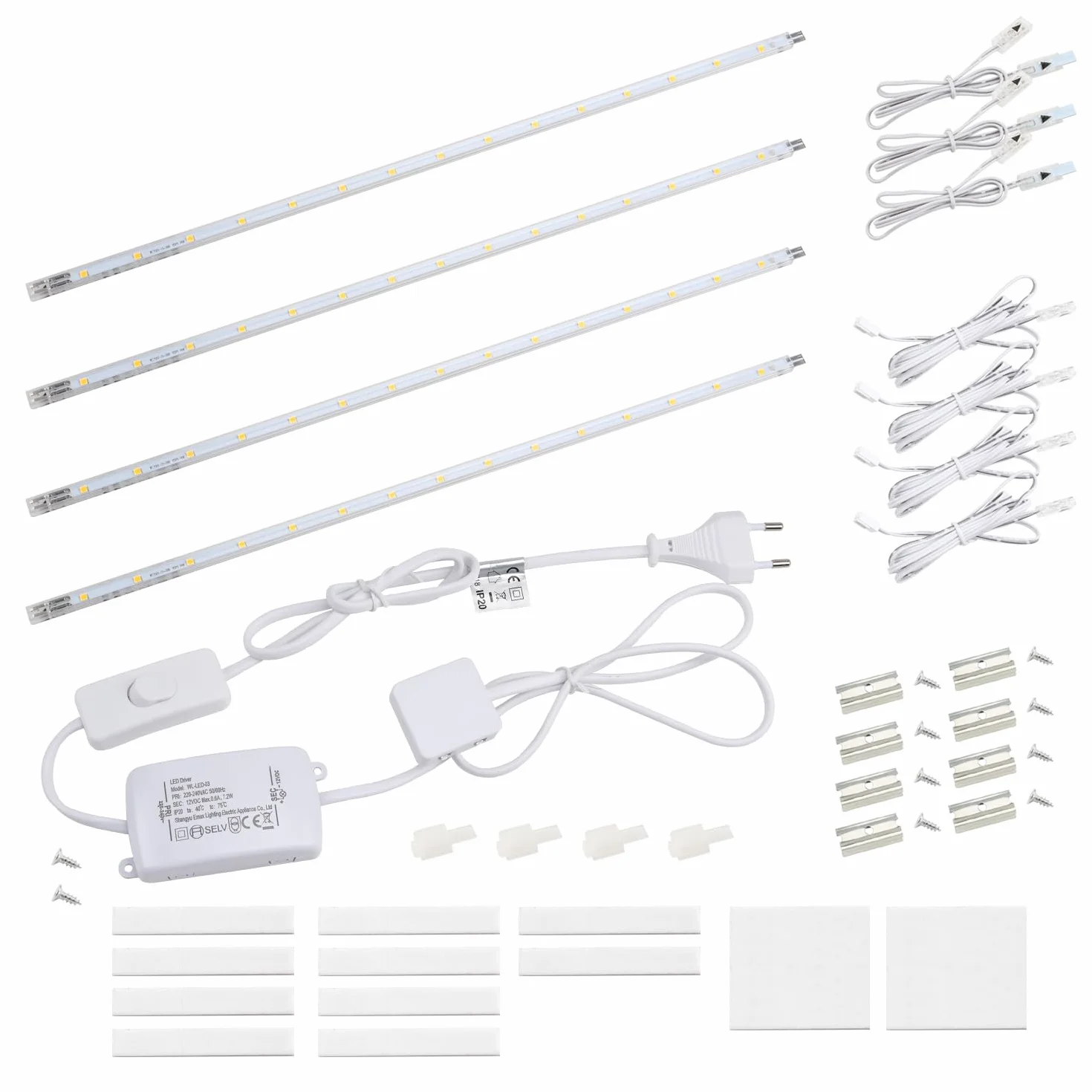 da LIGHT Lampa podszafkowa LED z przełącznikiem, 7 W, 700 lm, 4000 K, neutralna biel, listwa świetlna, lampa kuchenna, oświetlenie witryn, oświetlenie szafy z paskami 4 x 41 cm, do kuchni, szafy