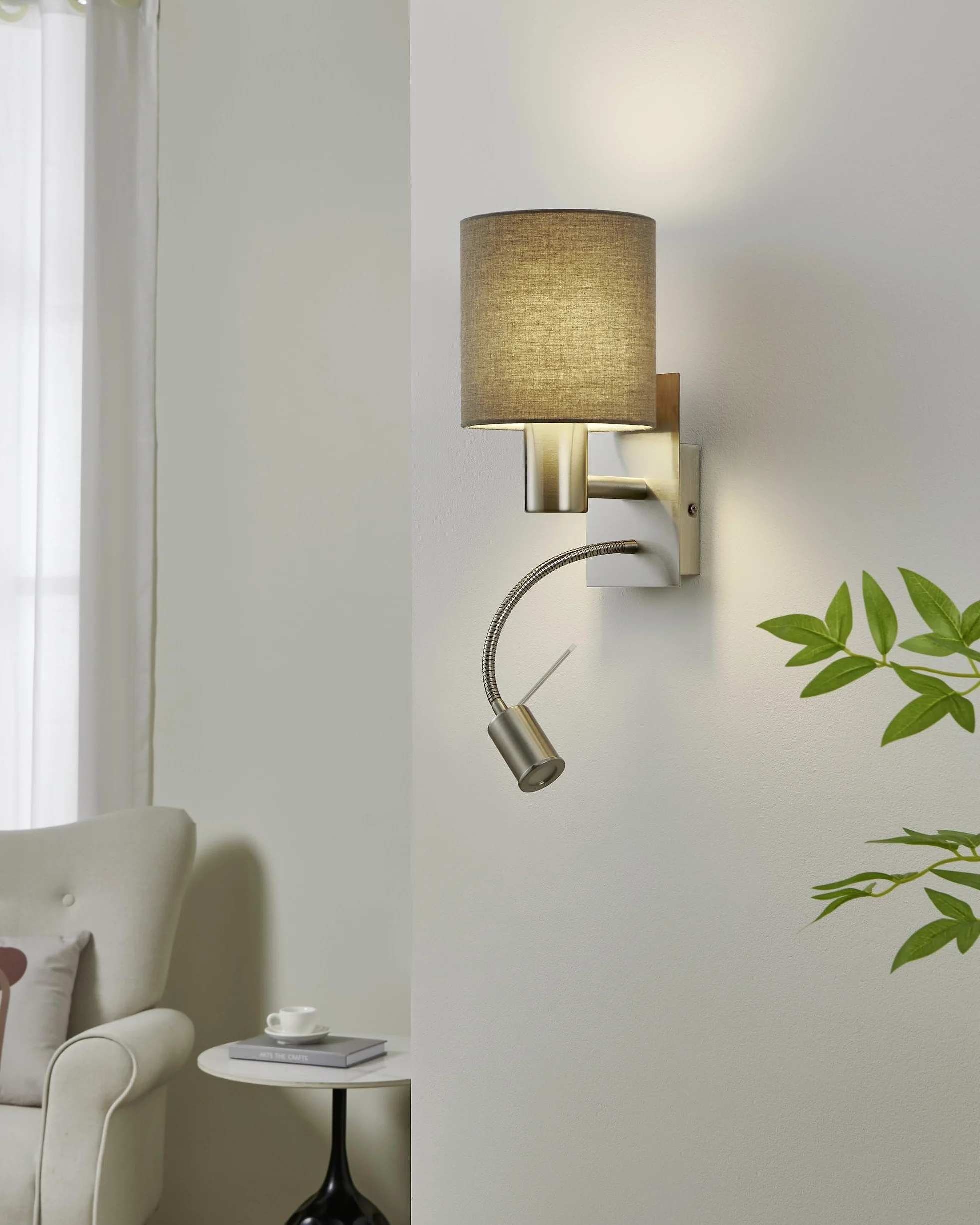 EGLO LED lampa ścienna PASTERI, 2-ogniskowa tekstylna lampa ścienna | materiał: stal, tkanina, kolor: nikiel matowy, szary, oprawka: E27, z przełącznikiem i elastyczną lampą do czytania LED