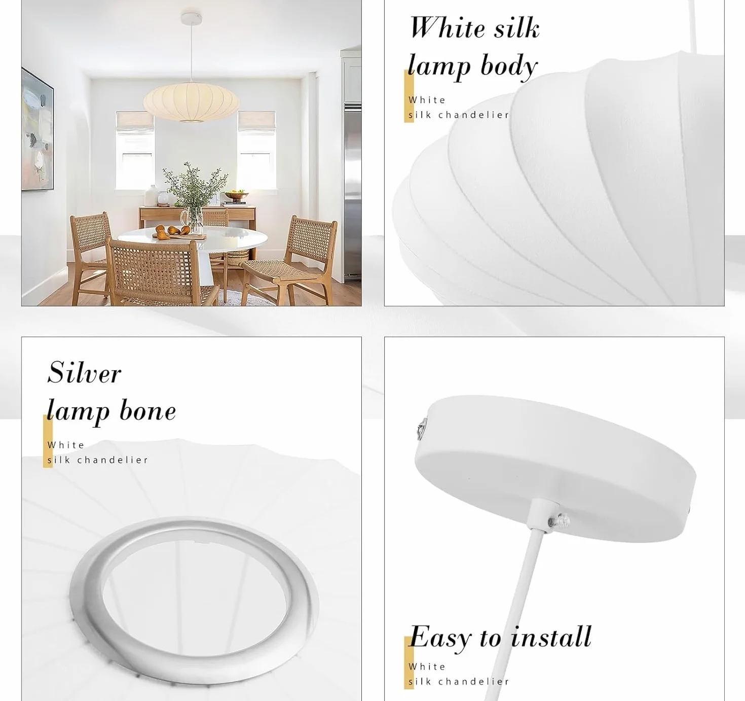 Lampa Wisząca W Kształcie Latarni, Abażur Z Imitacji Jedwabiu, Biała Lampa Wisząca W Stylu Boho Wabi-sabi, Regulowana Wysokość, Prosty Kreatywny Żyrandol Do Salonu, Jadalni, Kuchni, Wyspy(50CM)