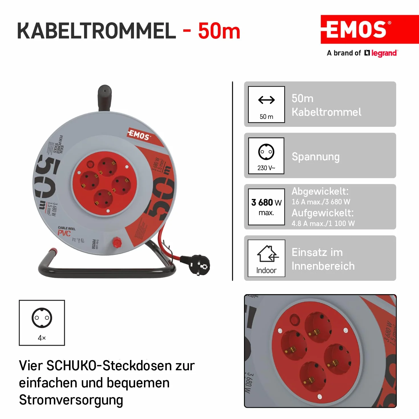 EMOS Bęben kablowy 50 m 4 gniazda Schuko 230 V 16 A 3680 W H05VV-F3G 1,5 mm² IP20
