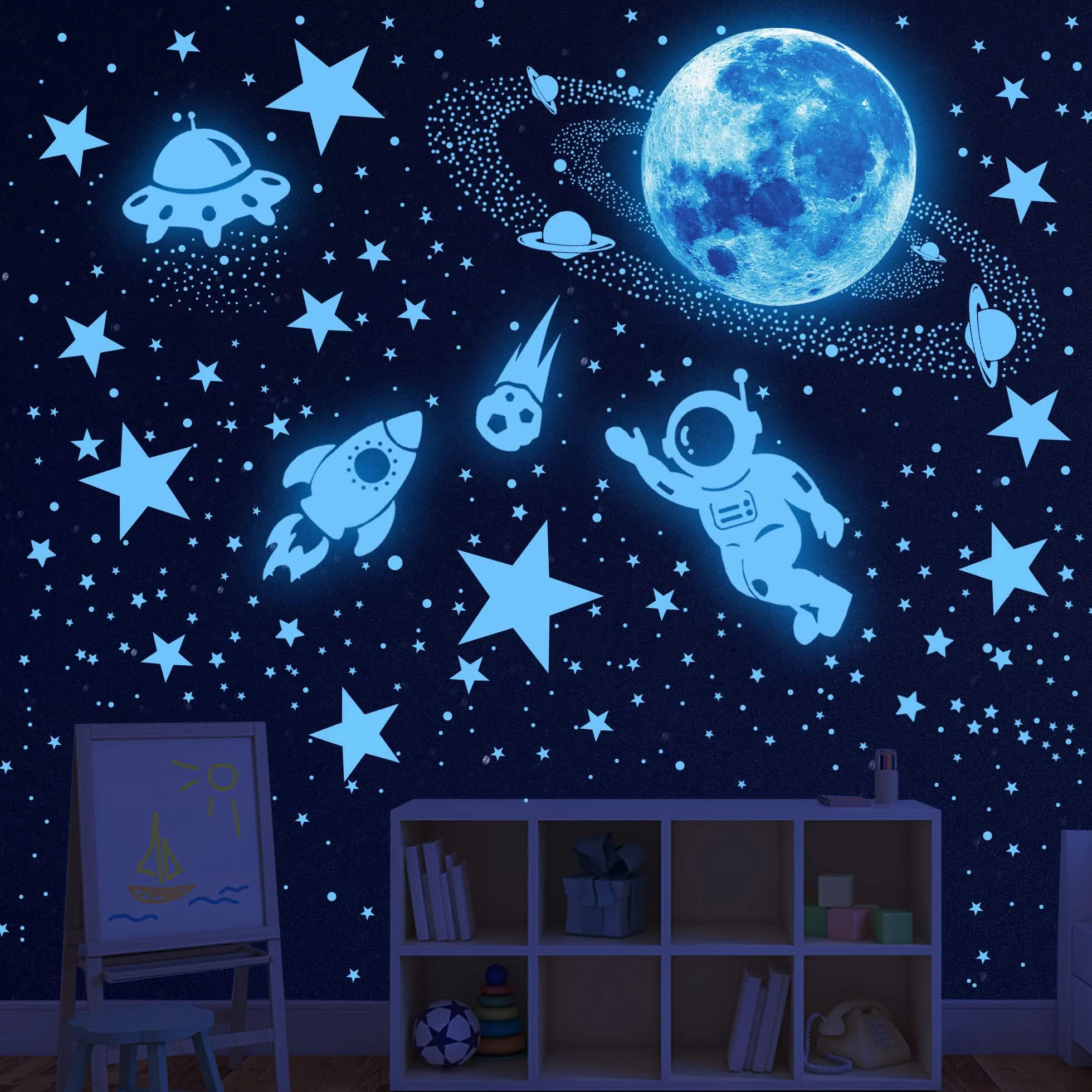 Naklejki ścienne świecące w ciemności gwiazdy i planeta, galaktyka, astronauta, rakieta, statek kosmiczny, dekoracja kosmitów, naklejki ścienne planety, jasne naklejki ścienne dla dzieci, planety,