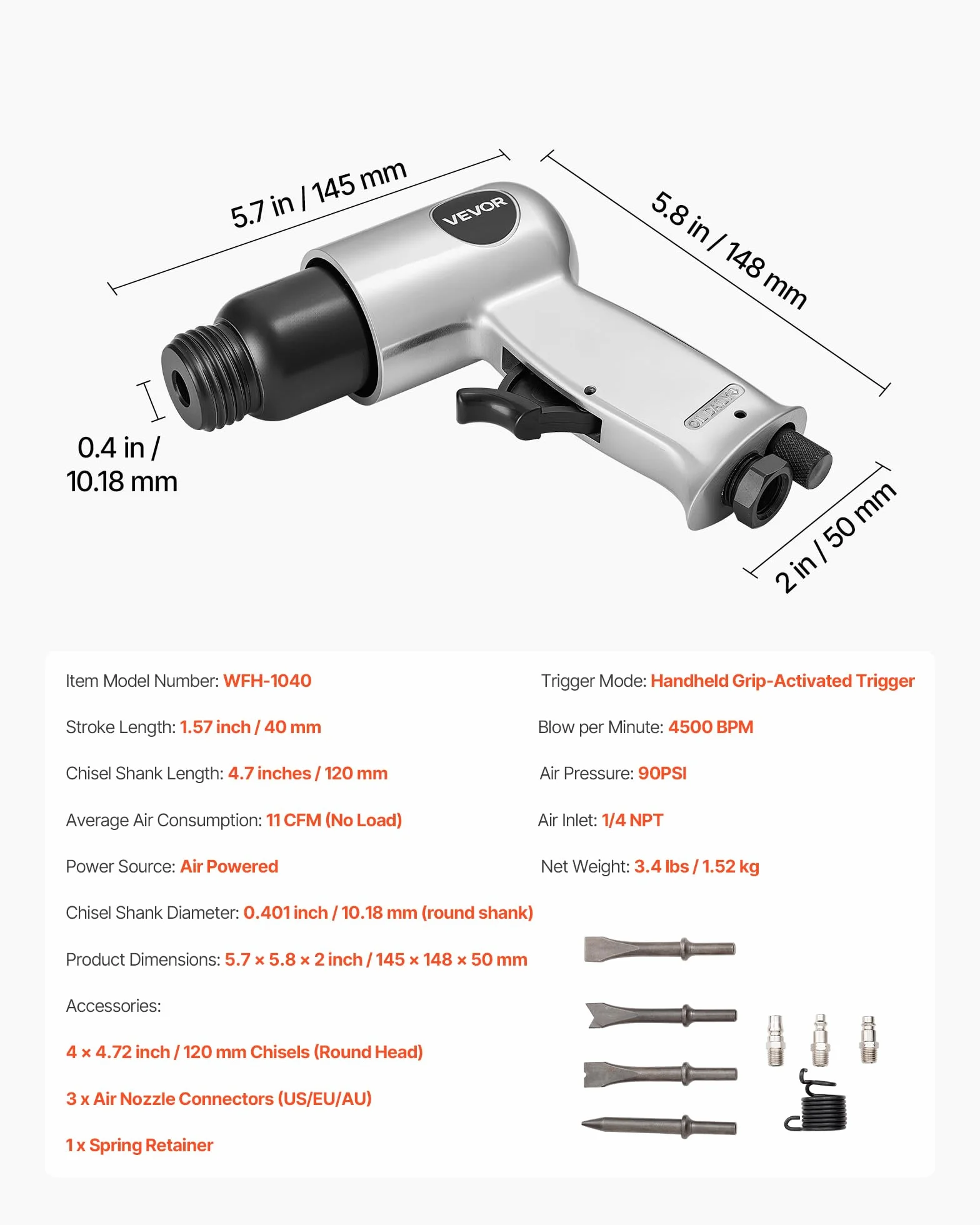 VEVOR Młotek pneumatyczny 4500 bpm, kompaktowe dłuto, długość skoku 4 cm, z 4 dłutami 12 cm, do cięcia metalu, wyburzania ścian betonowych, dłutowania podłóg