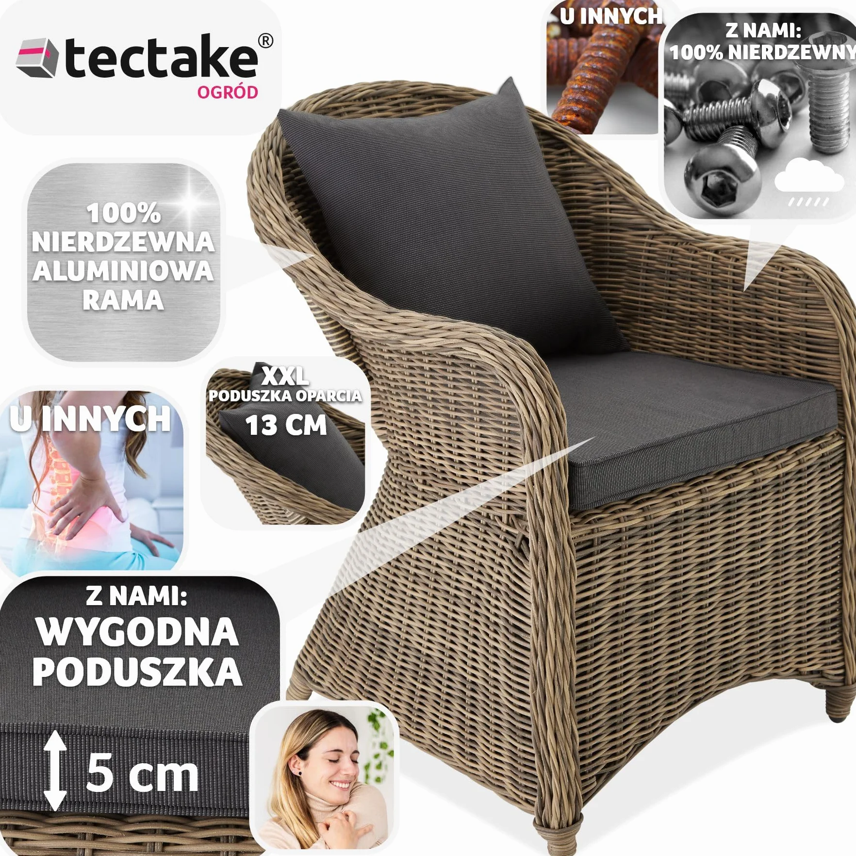 TecTake Fotel ogrodowy z polirattanu i aluminium + poduszki naturalny