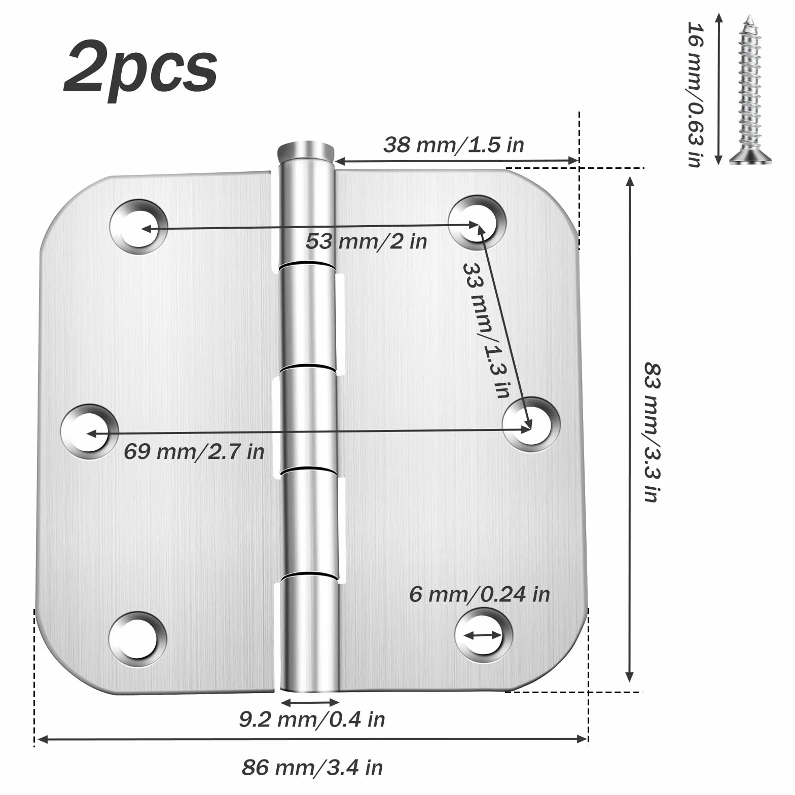 2 zawiasy drzwiowe ze stali nierdzewnej, z łożyskiem kulkowym, składane, duże, do dużych obciążeń, ze śrubami, 7,6 cm x 7,6 cm, zawiasy do drzwi, regulowane okucia meblowe, do drzwi drewnianych, bramy