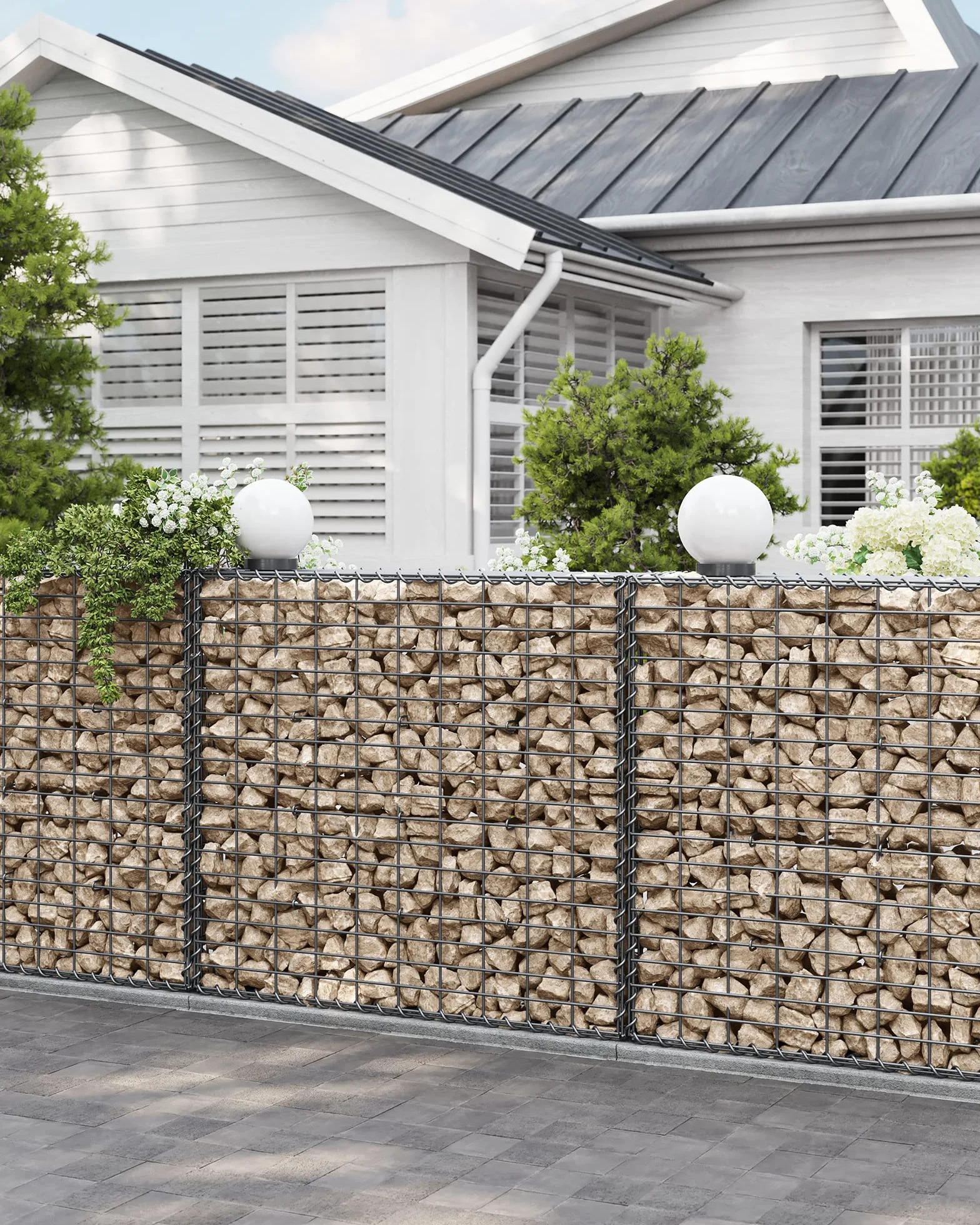 SONGMICS Gabion, kosz kamienny, kosz gabionowy, ogrodzenie z drutu, z siatką o małych oczkach 5 x 10 cm, wykonany ze stali ocynkowanej, 100 x 90 x 30 cm, ściana roślinna, srebrny GGB193