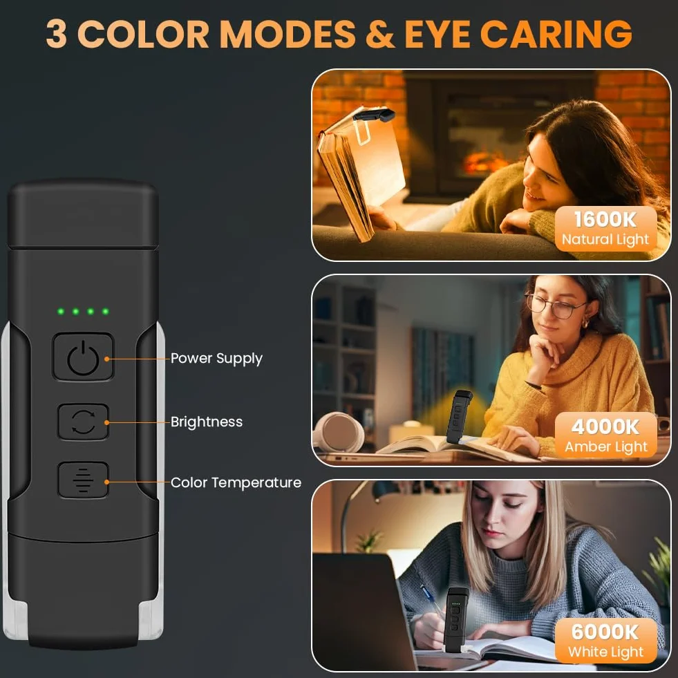 Lampka do czytania, lampka do czytania, klips do książki, 3 kolory, 5 jasności i ładowanie przez USB, długa żywotność do 80 godzin, przenośna mini lampka LED dla miłośników książek, czarna
