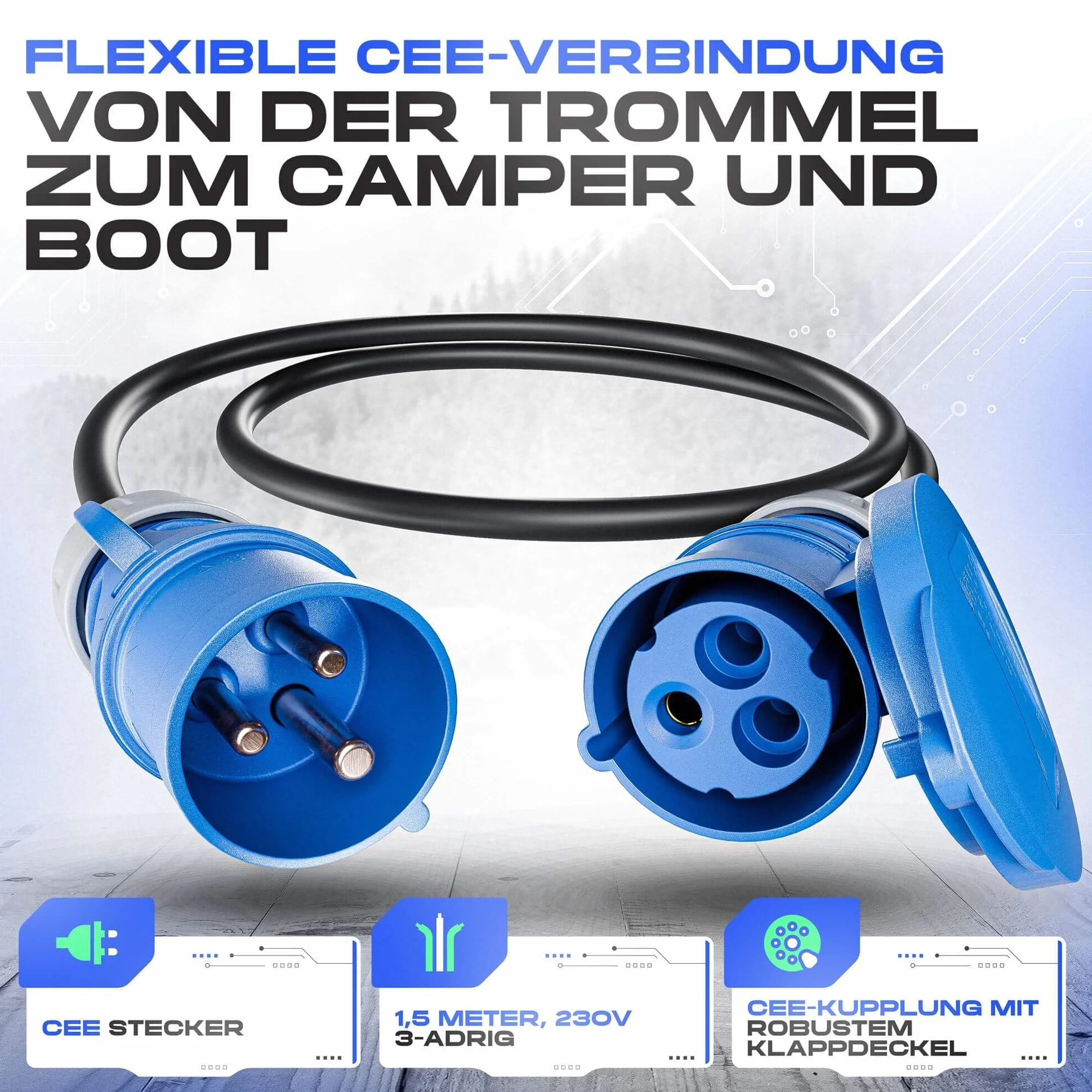 Kempingowy zestaw bębnów kablowych, kabel CEE 25 m na rolce kablowej + kabel przyłączeniowy 1,5 m + adapter CEE, kabel kempingowy H07RN-F 3G 2,5 mm², bęben kablowy na kemping, do przyczepy