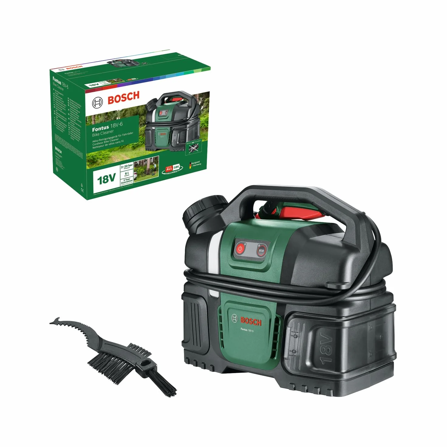 Bosch Fontus 18 V-6 myjka ciśnieniowa do rowerów (mobilna, mini, 6-litrowy zbiornik na wodę, 8 poziomów ciśnienia, przechowywanie węża i pistoletu, akumulator onhe)