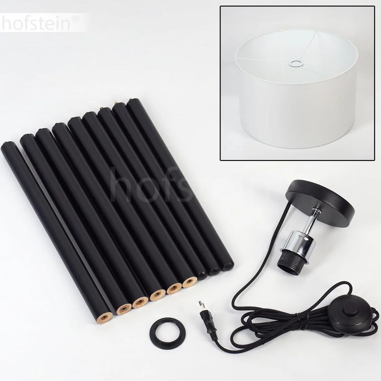 Felmming lampa stojąca, lampa podłogowa z drewna/tkaniny w kolorze czarnym/białym, lampa w skandynawskim designie z okrągłym kloszem (Ø 50 cm) i włącznikiem nożnym, wysokość 155 cm, 1x E27 bez żarówki