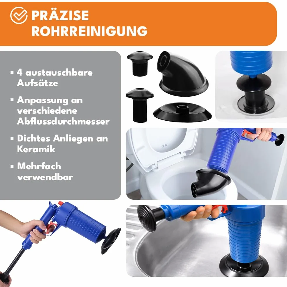 KRUMAD – pistolet do czyszczenia odpływów sprężonym powietrzem, do toalet, odpływów i pryszniców, z nasadkami, bez środków chemicznych, ręczny