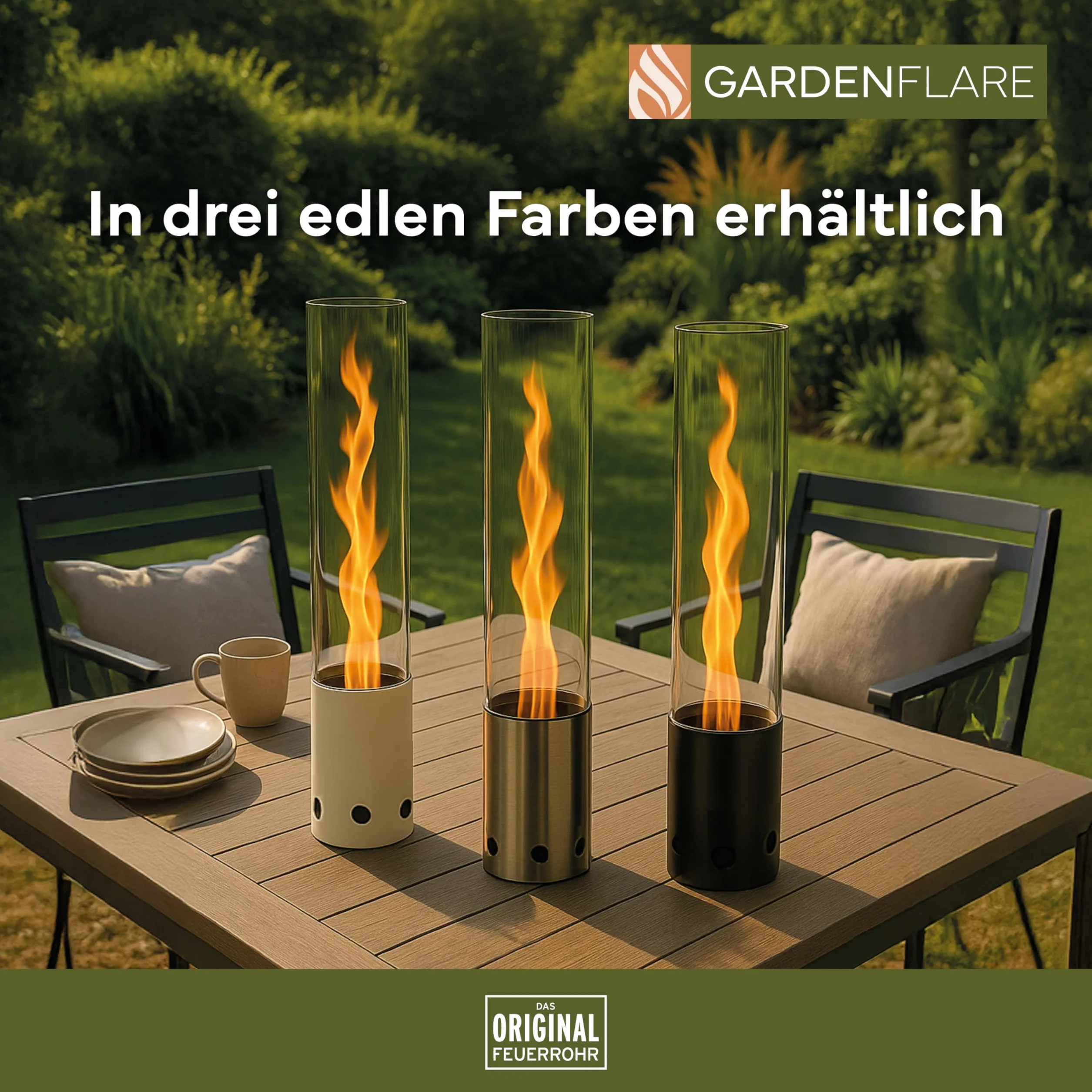 GARDENFLARE Kominek stołowy do użytku na zewnątrz – bezdymna stal nierdzewna, ogień stołowy i rura paleniskowa na balkon i taras – wysokiej jakości dekoracja ogrodowa, lampion z zasilaniem pelletem