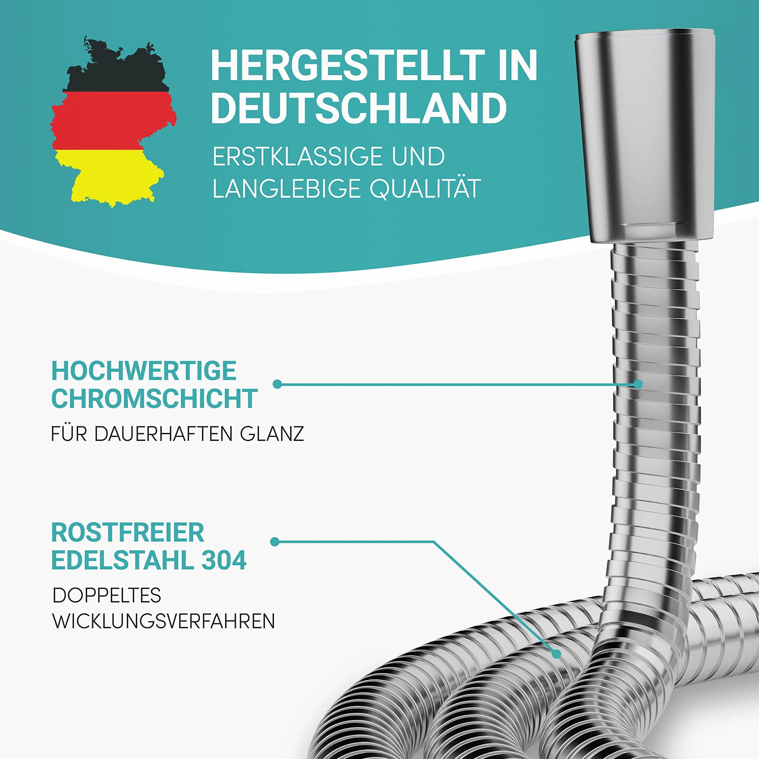 Engelbach® Wąż prysznicowy 1,5 m ze stali nierdzewnej – wąż z prysznicem ze standardowym przyłączem – elastyczny i certyfikowany do wody pitnej – Made in Germany