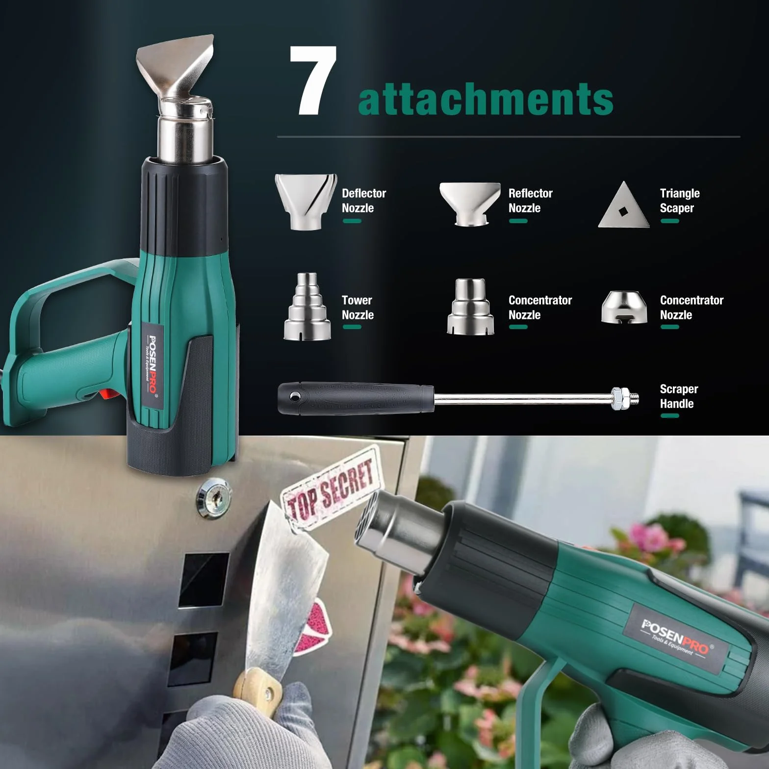 POSENPRO Pistolet na gorące powietrze 2000 W, 60℃-600℃, ochrona przed przepięciem, dmuchawa gorącego powietrza z 7 dyszami, 2 ustawienia przepływu powietrza, idealna do usuwania farby, lutowania,