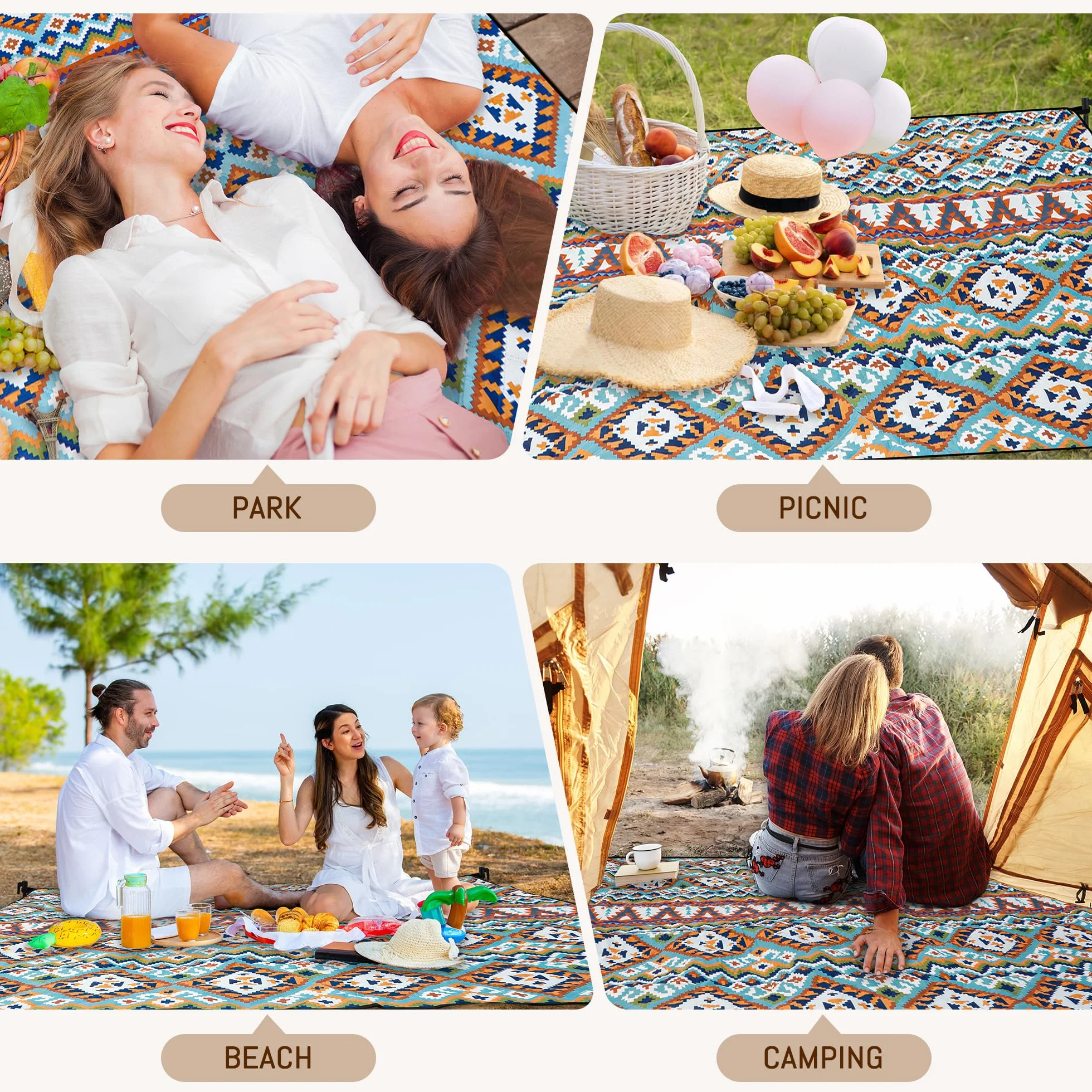 Gucass Boho Koc piknikowy 200x200 cm, Składany Mata Piknikowa - wodoodporny, piaskoodporny, koc outdoorowy dla całej rodziny na na kemping, podróż, do parku, na plażę, do ogrodu