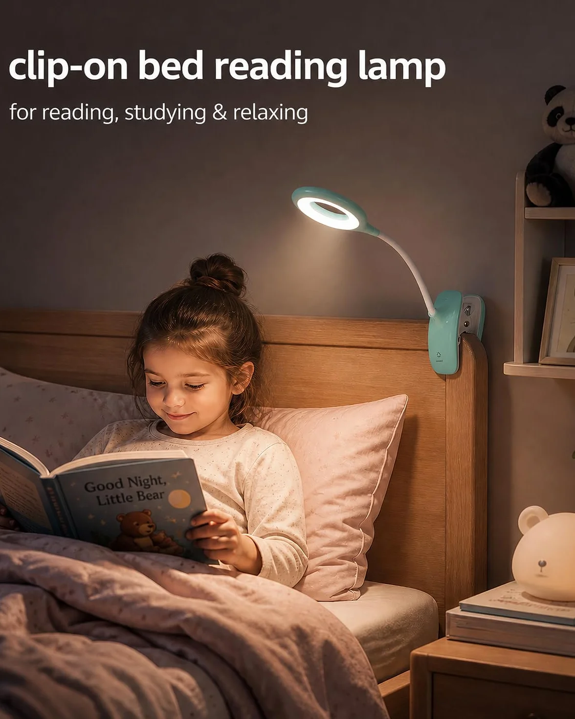 Lampka Zaciskowa do Łóżka dla Dzieci, LED Lampka do Czytania z Klipsem USB, 3 Kolory Światła, Dotykowe Ściemnianie, Lampka Nocna z Elastycznym Ramieniem do Pokoju Dziecka, Łóżka Piętrowego,niebieska