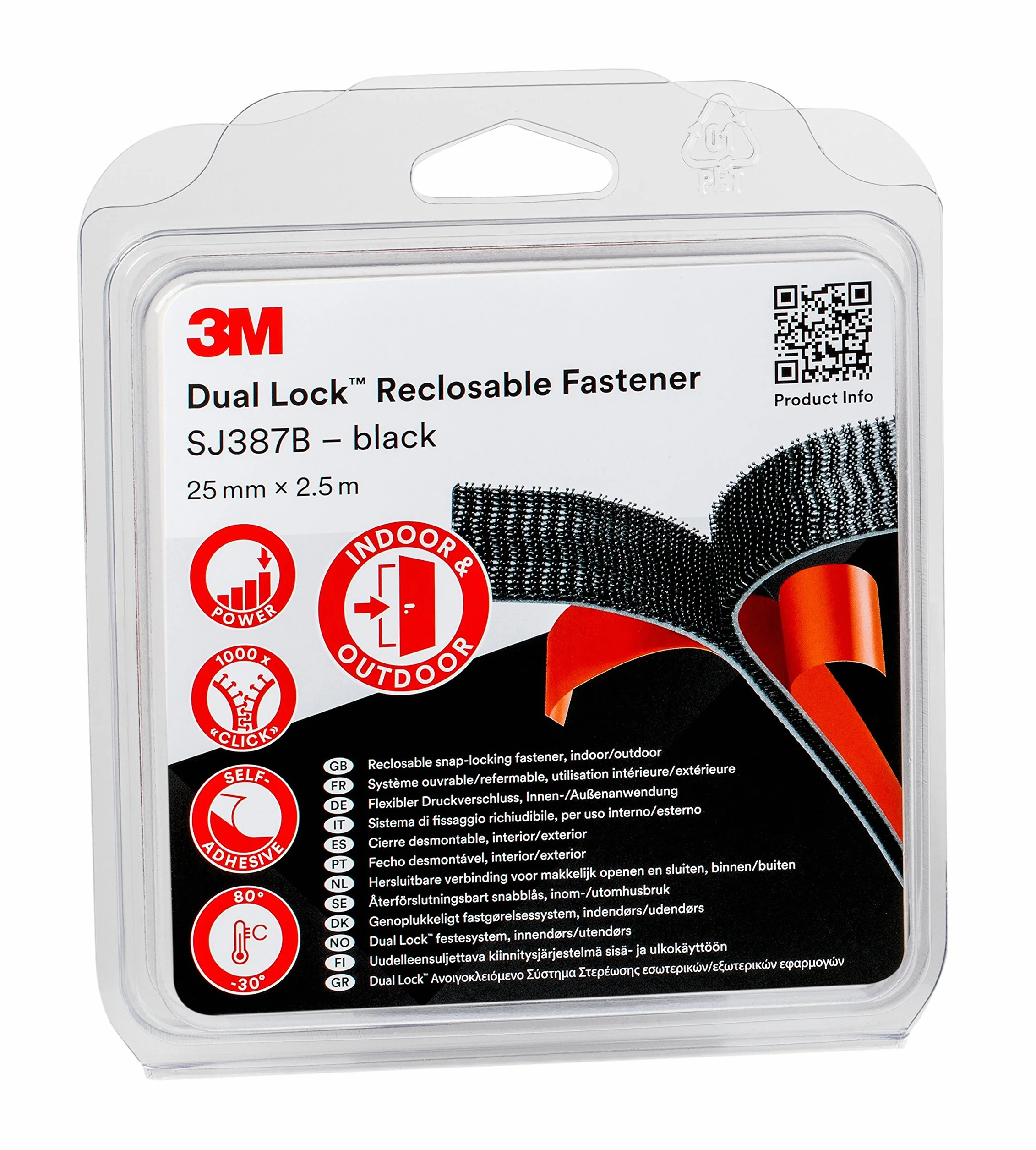 3M SJ387B Dual Lock – elastyczne zamknięcie ciśnieniowe, 25 mm x 2,5 m, czarne