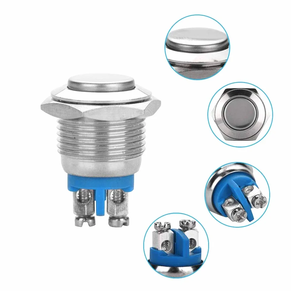 10 szt. premium 16 mm metalowy chwilowy przełącznik przyciskowy, 2-pinowy zacisk śrubowy IP65 wodoodporny przełącznik z przyciskiem startowym, okrągły przełącznik z wysokim łbem 3 A 250 V