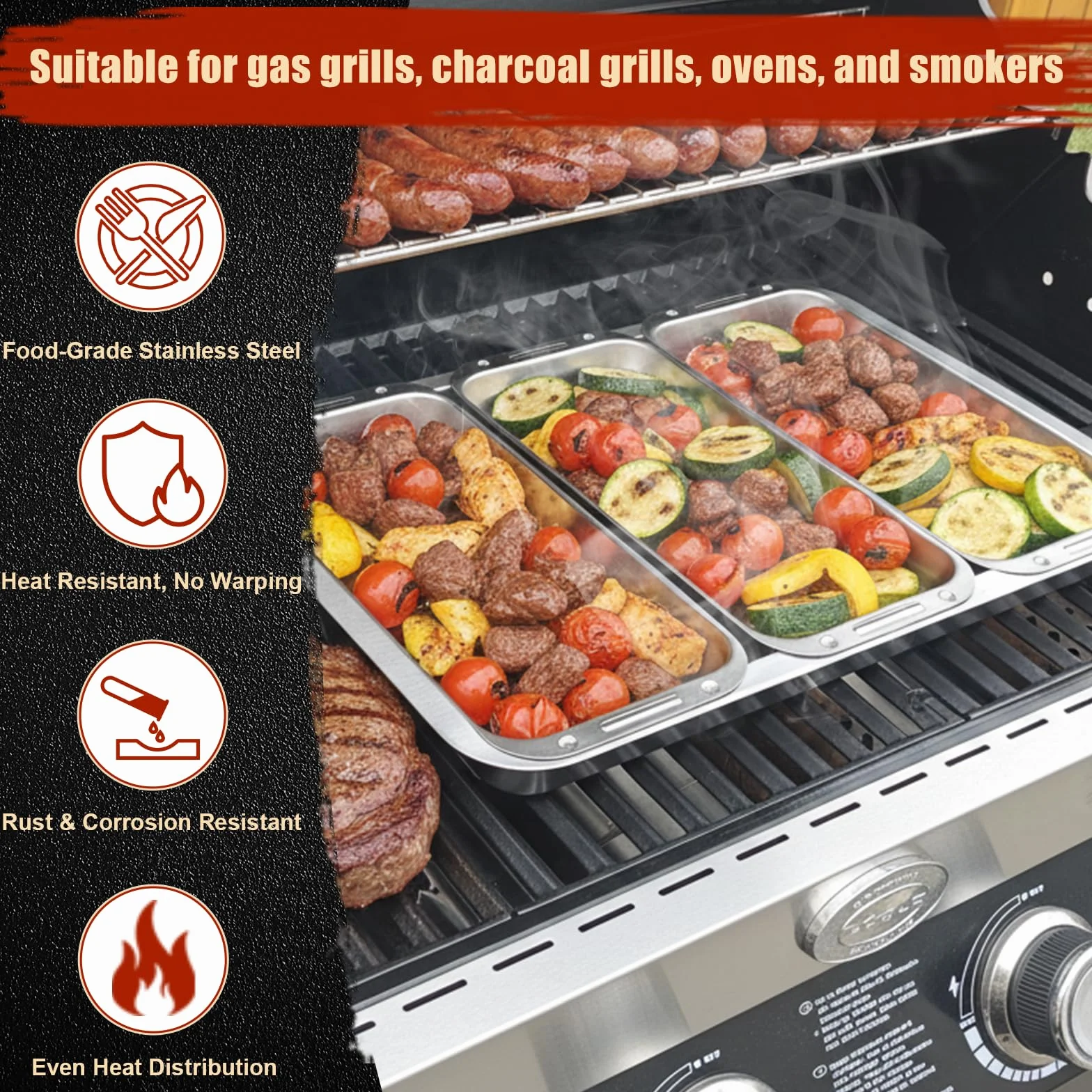 Denmay Zestaw patelni do grillowania, stal nierdzewna, z uchwytem, do grilla gazowego i węglowego – uniwersalne akcesoria do patelni Weber, Enders, Charbroil Grill, 3 kosze do grillowania + 1 tacka do
