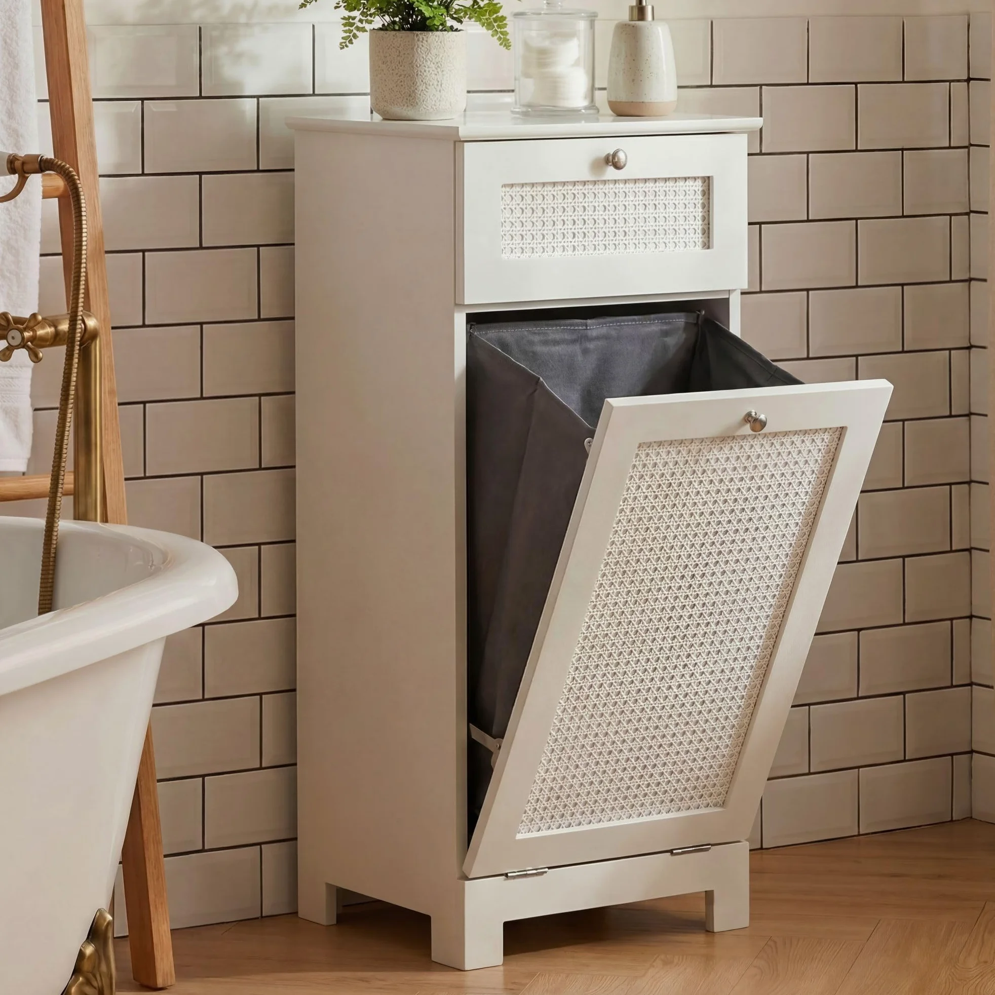 FineBuy Szafka na pranie Biała 38x90x40 cm Rattan Plecionka Szafka wnękowa Łazienka - Wąski kosz na pranie z drzwiami uchylnymi i szufladą - Szafka łazienkowa Pojemnik na pranie