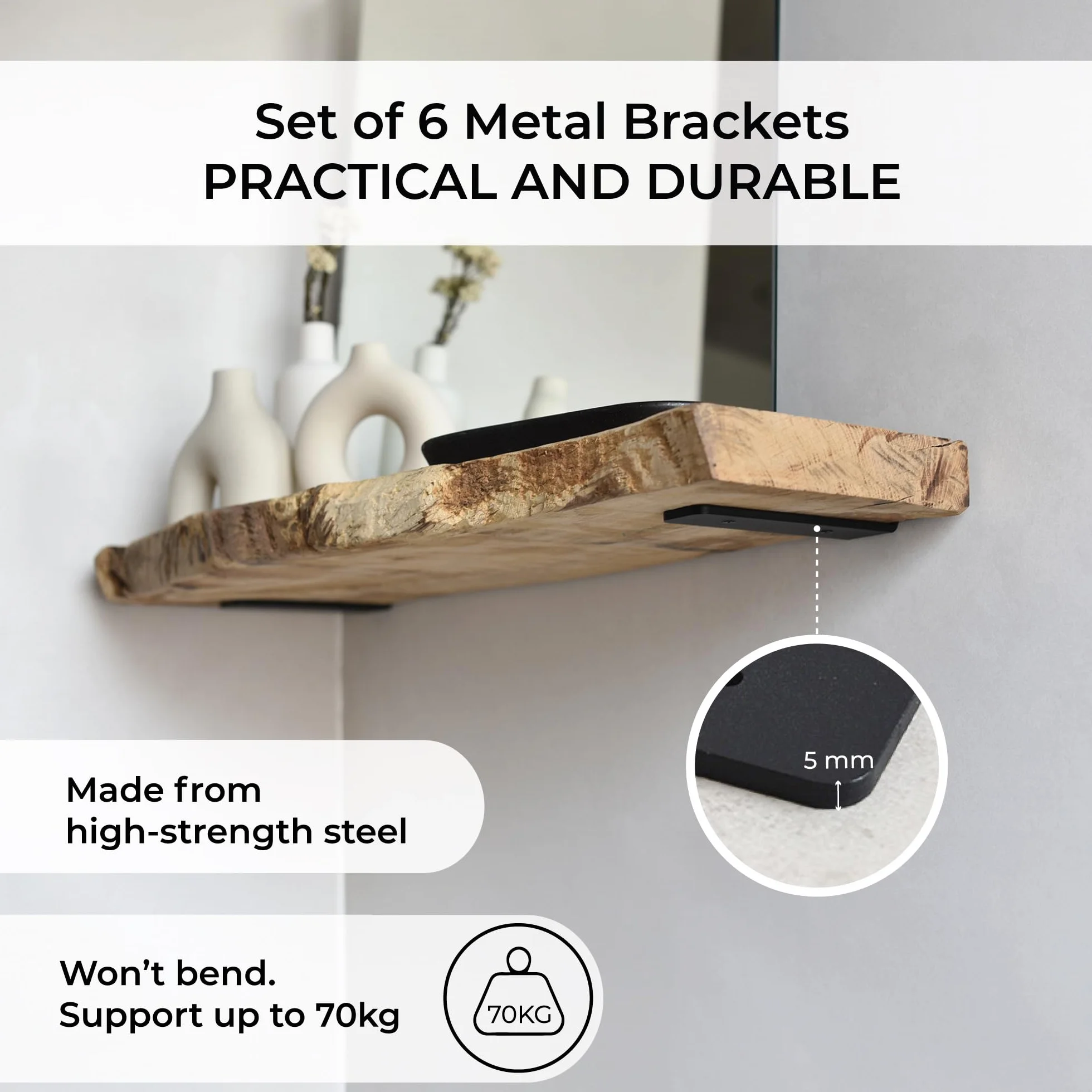 MILUKA Pack 6 Metal Brackets for Shelves 15 cm | Wall Shelf Brackets | Heavy Duty Steel, 70 kg | Black Industrial Design, Invisible Anchorage and Easy Installation