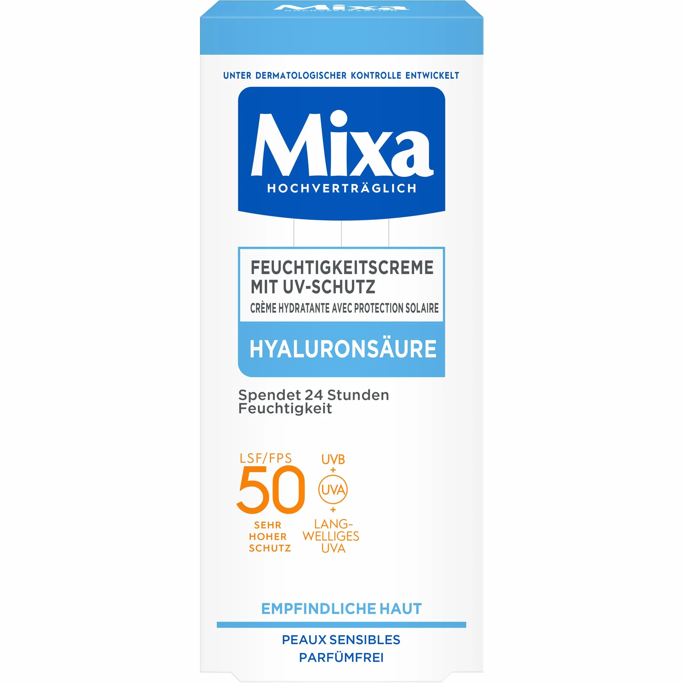 Mixa UV 50 pielęgnacja skóry wrażliwej, ochrona przed promieniowaniem UVB + UVA + Long UVA, SPF 50, z kwasem hialuronowym, nadaje się do twarzy i szyi, hipoalergiczny, 50 ml