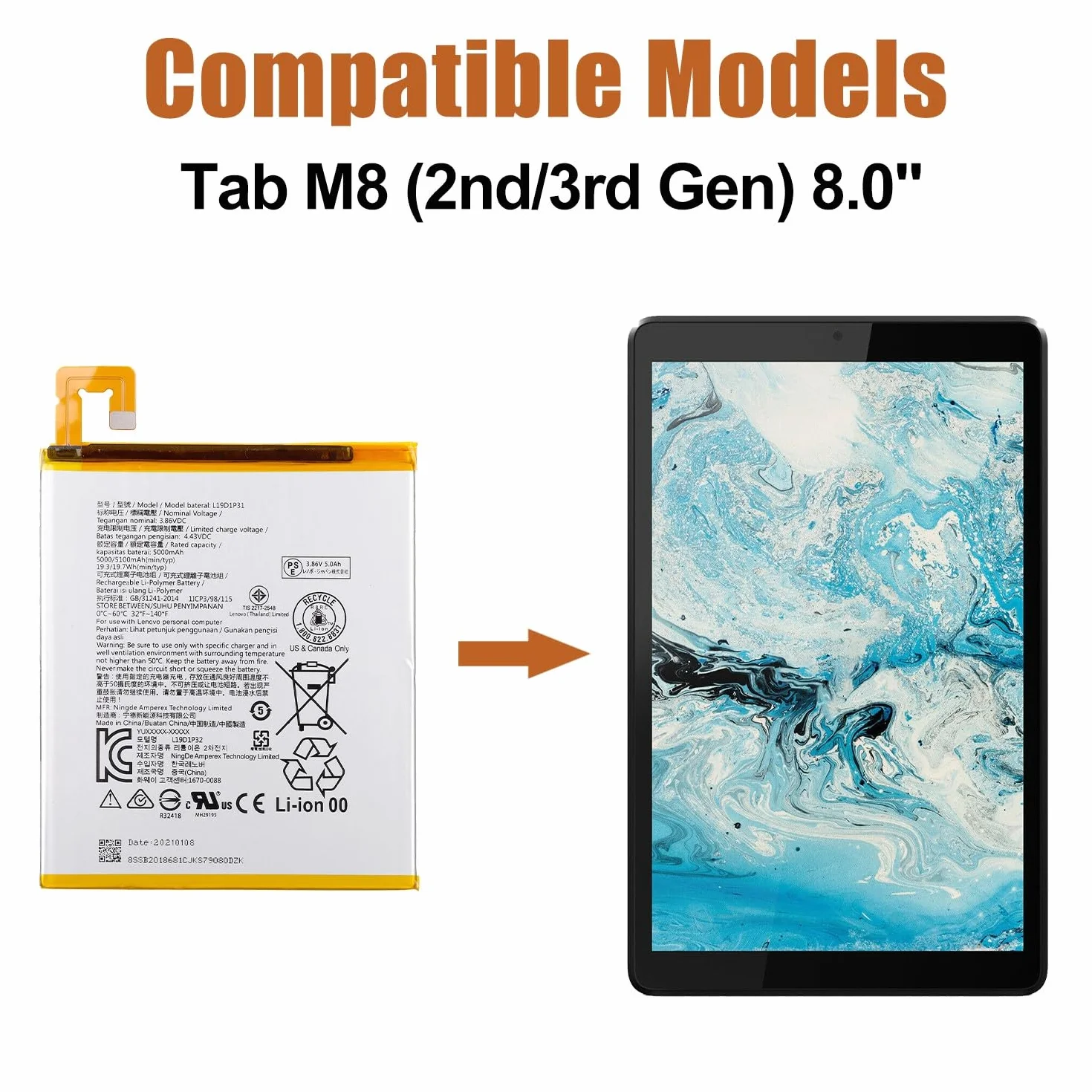 Duotipa 5000 mAh nowa bateria zamienna L19D1P31 kompatybilna z tabletem Len-OVO Tab M8 (2nd/3 generacji) 8,0" TB-8505X, TB-8505F, TB-8505FS akumulator z zestawem narzędzi naprawczych