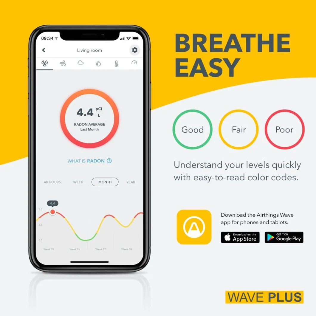 Airthings 2930 Wave Plus Inteligentny Detektor Temperatury do Radonu, Biały, Średnica 12 cm