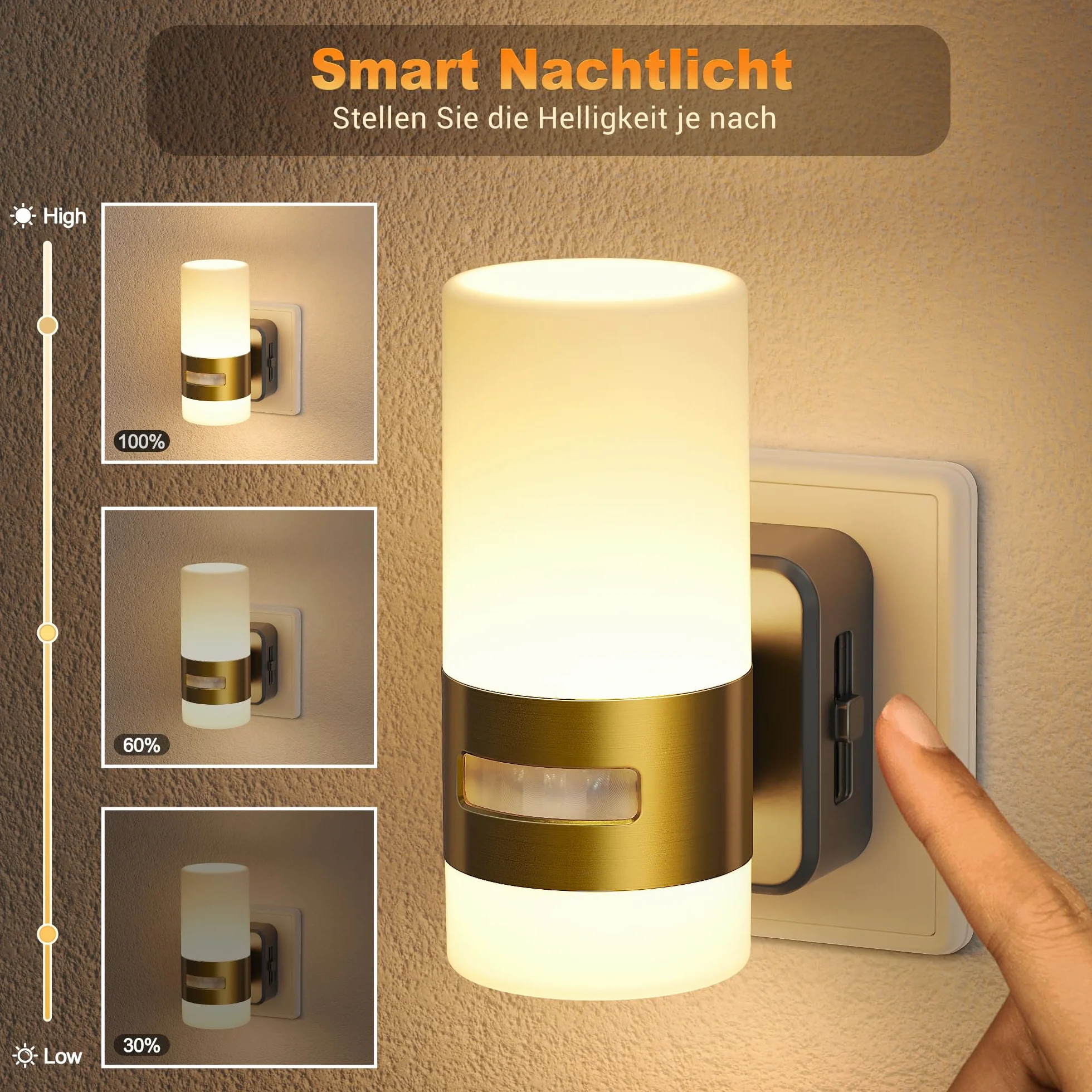 Jandcase Lampka Nocna z Czujnikiem Ruchu, Lampka Nocna dla Dzieci z Możliwością Ściemniania, 3 Tryby (Auto/On/Off), 3000k Ciepła Biel, Lampka Nocna Led do Pokoju Dziecięcego, Sypialni, Przedpokoju
