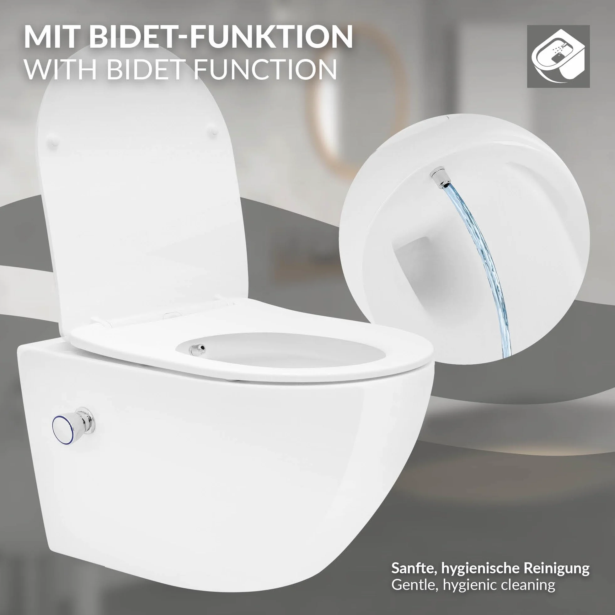 LuxeBath wiszaca muszla klozetowa bez rantu z funkcja bidetu, biala, powloka Wash WC Nano, spluczka Tornado, dluga 54 cm, blyszczaca wiszaca miska klozetowa z miekko zamykana deska klozetowa