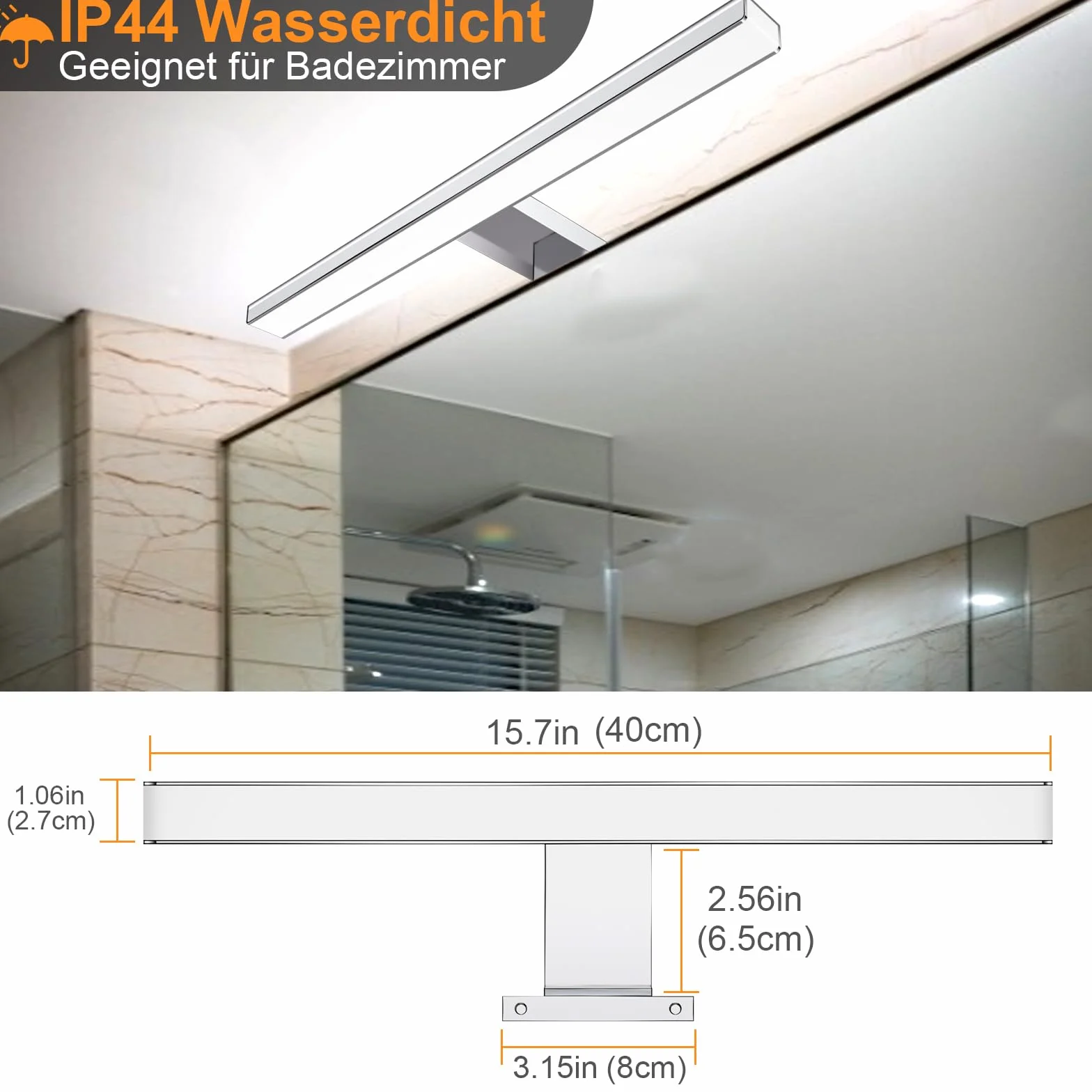 Karrong Lampy łazienkowe nad lustro, 40CM 12W 1200 lumenów, 6000K zimna biały aby 3000K ciepły biały, ze stali nierdzewnej, wodoszczelność IP44, 230 V, Lampa łazienkowa LED do łazienki (Biały)