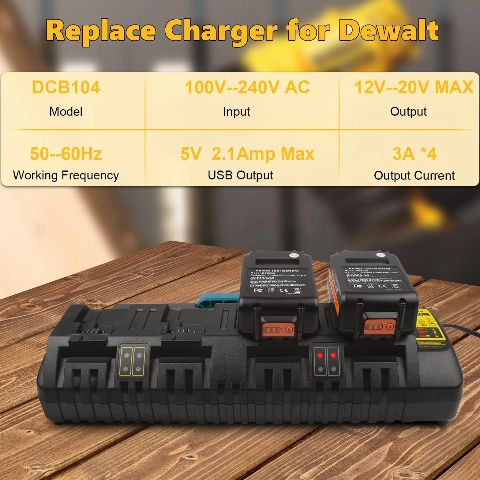 DCB104 4-portowa szybka ładowarka do akumulatora DeWalt 20V/60V Max, z portem USB kompatybilna z baterią DeWalt 20V/60V DCB206 DCB208 DCB205 DCB606 DCB609Y DCB612 i ładowarką DCB104 DCB107 DCB1155