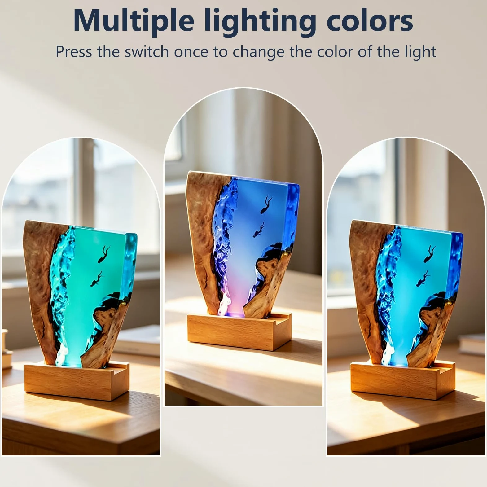 Lampka nocna, statuetka morska, dekoracja, lampa 3D, żywica epoksydowa, ocean, lampka nocna z kablem USB i drewnianą podstawą, do domu, biura, dekoracja na Boże Narodzenie, 18 x 11