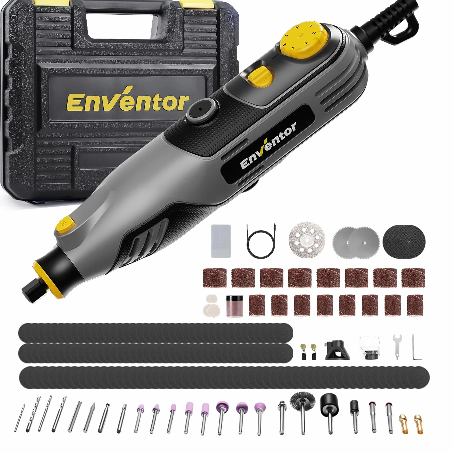 Enventor Mini Wielofunkcyjne narzędzie 130W, zestaw narzędzi obrotowych z 206 akcesoriami, 6 regulowanymi prędkościami, 10 000–35000 obr./min, do grawerowania, szlifowania i polerowania