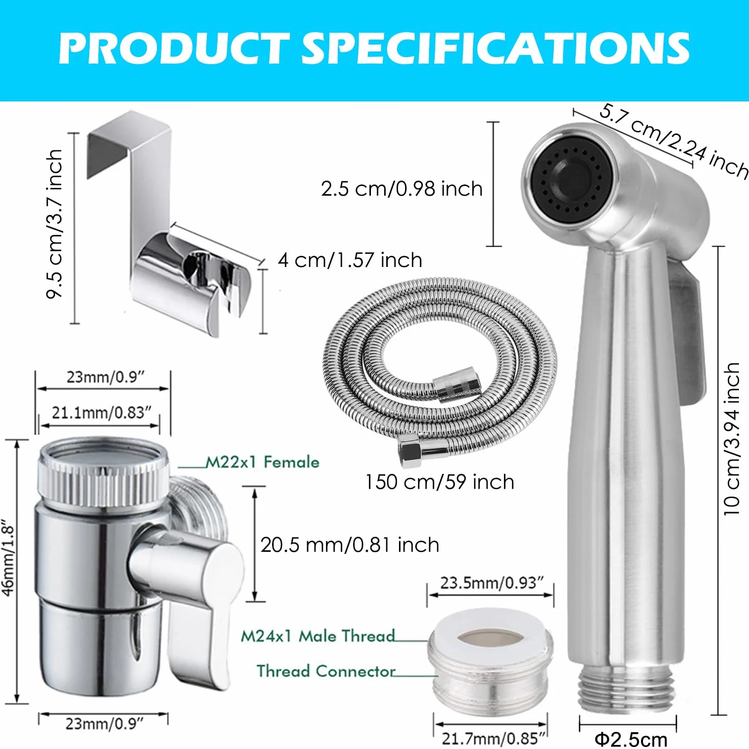Home Handheld Bidet Zestaw toalety dla niemowląt z rozpylaczem z kranu, wężem i przyłączem, idealny do mycia włosów lub czyszczenia umywalki (srebrny)