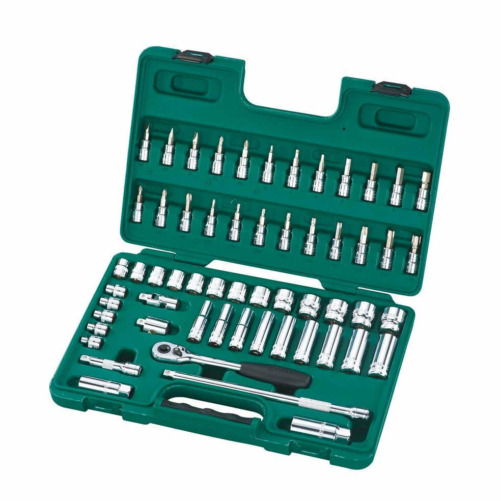 SATA ST09004SJ 58-częściowy zestaw nasadek sześciokątnych CR-V z grzechotką szybkiego zwalniania i adapterem 3-drożnym, polerowany, w etui do przechowywania