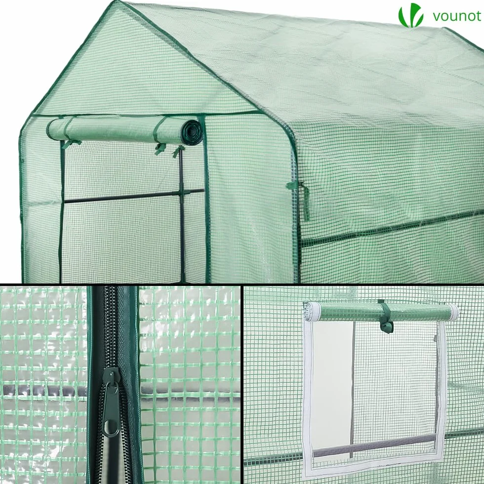 VOUNOT Szklarnia ogrodowa 143 x 215 x 195 cm Przedszkole Domowe Rośliny z zwijanymi drzwiami i oknem, szklarnia Ogród warzywny 12 półek na rośliny doniczkowe kwiaty, zielony