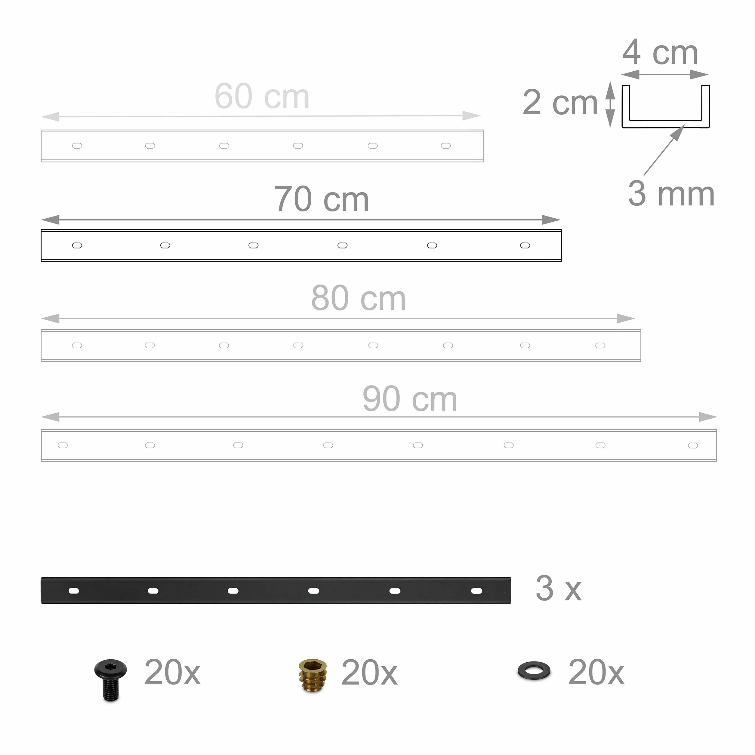 Relaxdays Listwa zadziorowa, zestaw 3 sztuk, szyna metalowa 70 cm, stabilizacja blatu, profil U ze śrubami, stal, czarna