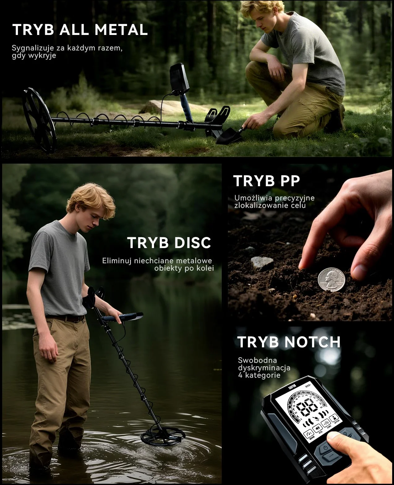 SUNPOW wykrywacz metali 11" Dual-D cewka lit-akumulator 35h IP68 wodoodporny 7-metal ID