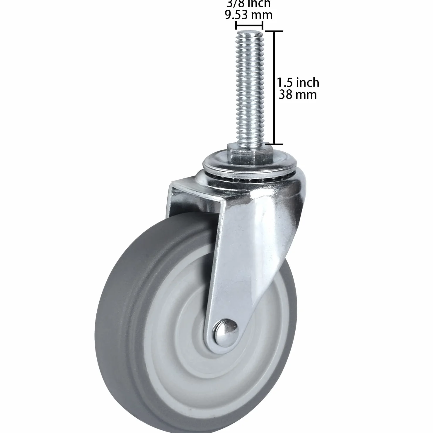 Zestaw 4 kółek 3-calowych o dużej wytrzymałości z gwintowanym trzpieniem, 3/8"-16 x 1-1/2" z gumowymi kółkami obrotowymi, przemysłowe, koła premium do regałów drucianych/mebli/wózków, nośność 720 fu