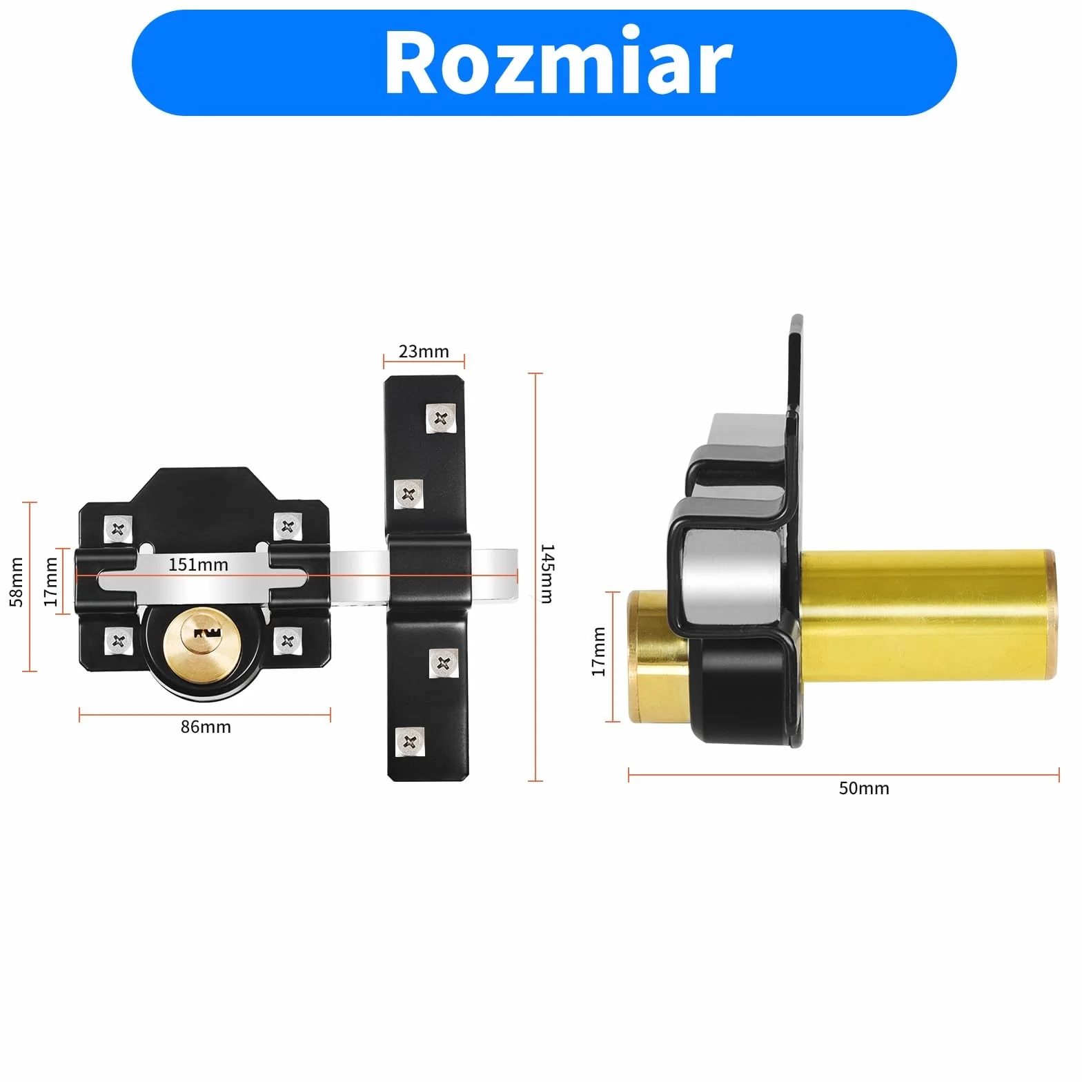 Długi zamek do bramy rzutowej, 50 mm, podwójny zamek, stal nierdzewna, zamek do bramy drewnianej, 5 kluczy