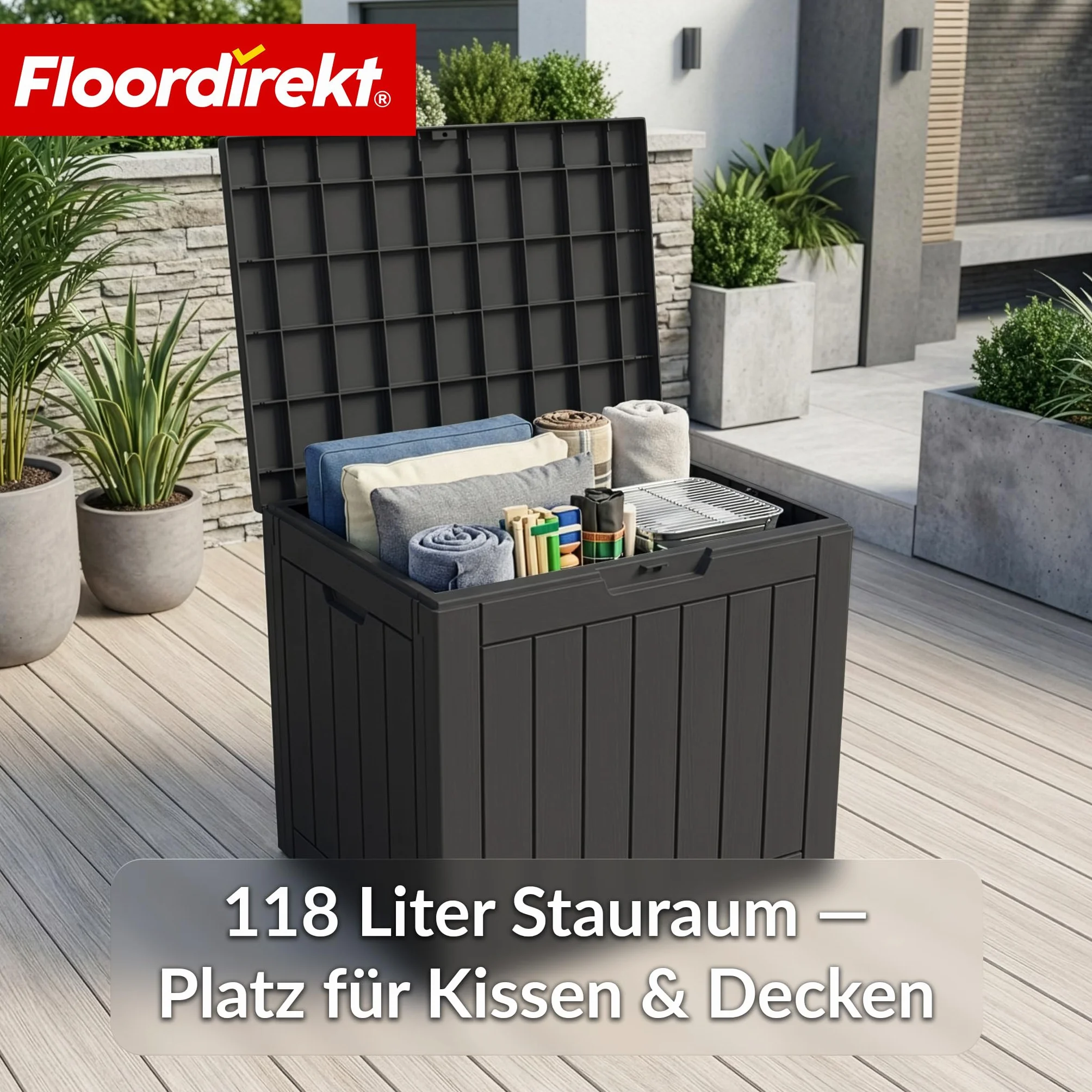 Floordirekt Pudełko do przechowywania, antracytowe, odporne na warunki atmosferyczne, na taras i balkon, 118 l, skrzynia ogrodowa, 56 x 43 x 53 cm (118 l)