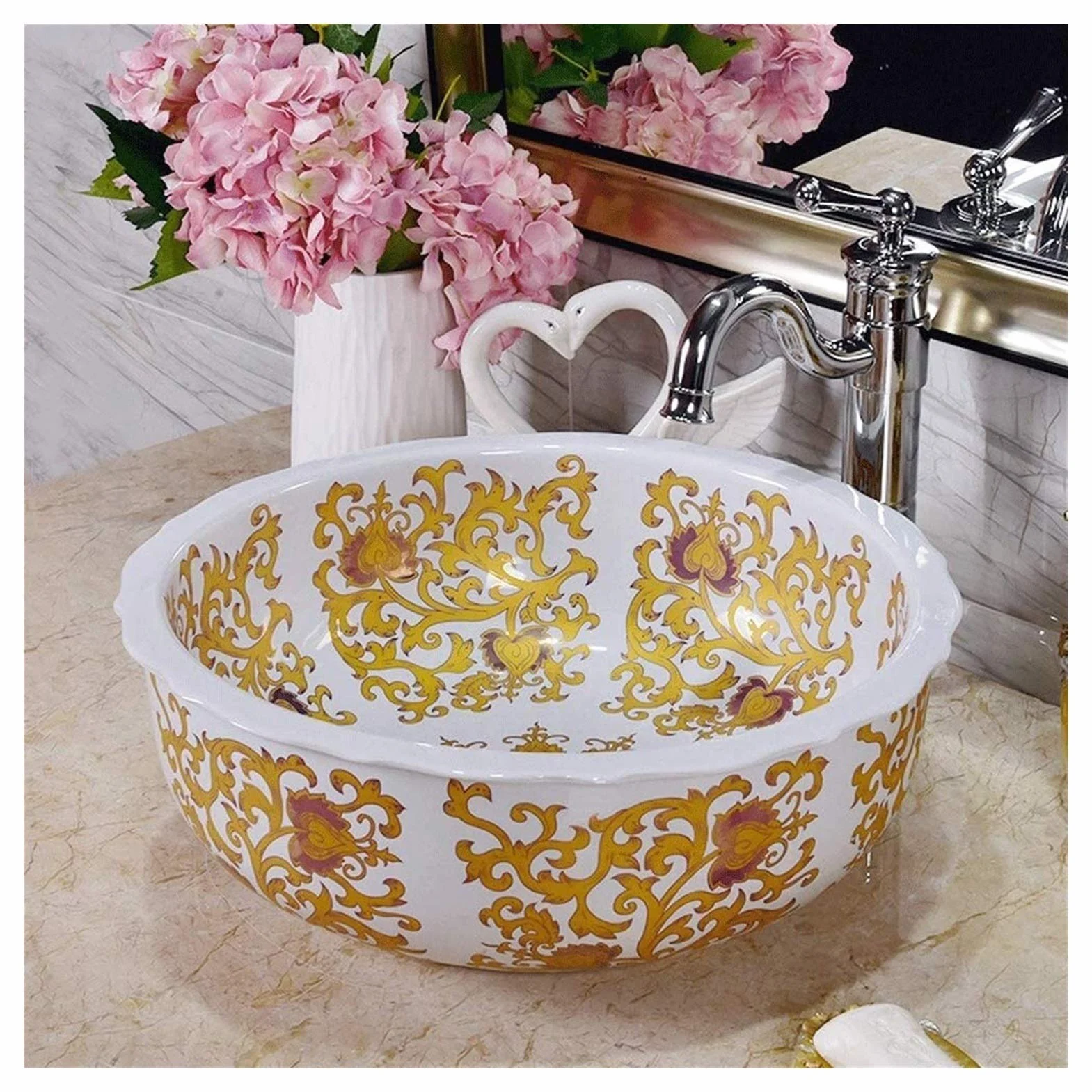 Szafka Pod Umywalkę Z Umywalką, Umywalka Łazienkowa, Umywalka Nablatowa, Ceramiczna Umywalka Łazienkowa W Stylu Vintage, Okrągła, Biała, Porcelanowa, Ręcznie Malowana