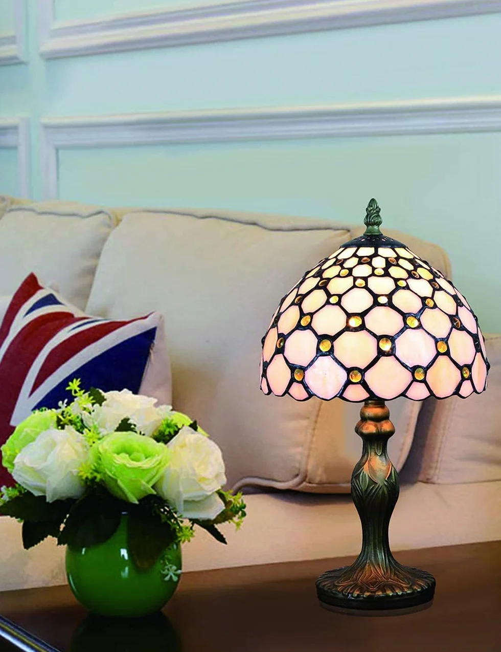 Styl Tiffany 8 cali Lampa stołowa Witraże Koraliki Abażury Mała lampka nocna Czytanie Antyczne Lampka na biurko Salon Sypialnia Biuro Vintage Art Deco Wiktoriańskie