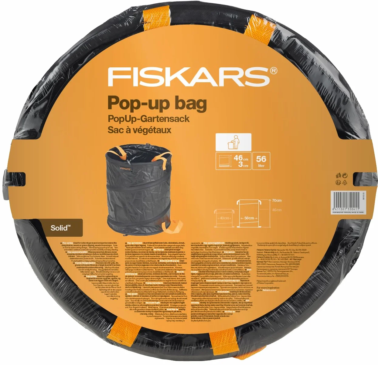 Fiskars Kosz ogrodowy PopUp z trzonkami, Pojemność: 56 litrów, Czarno-pomarańczowy, Solid, 1015646